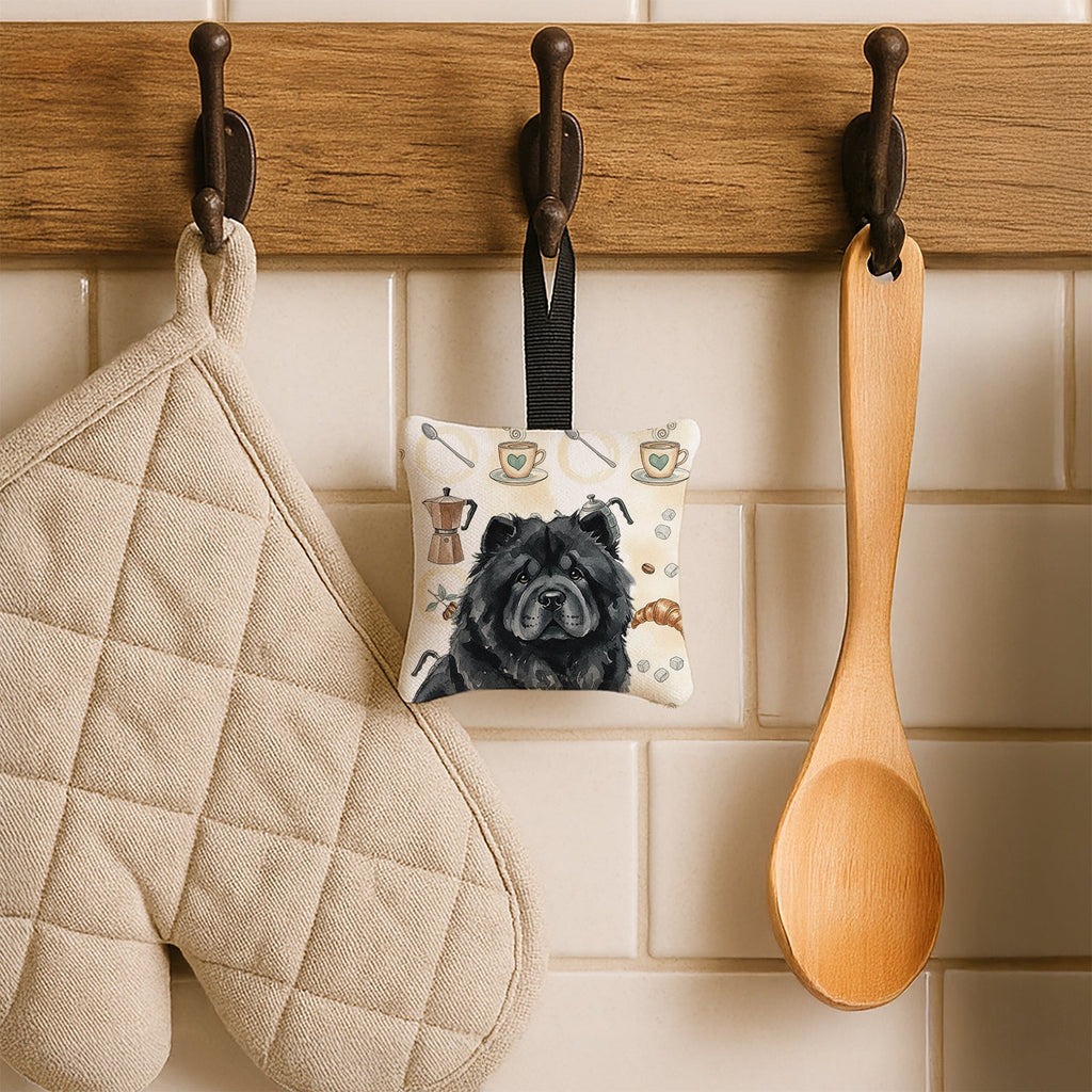Black Chow Chow Coffee Bar Hanging Square Fabric Ornament 3.5 � 3.5 Decorative Door-Knob & Tree Hanger, Soft Fabric