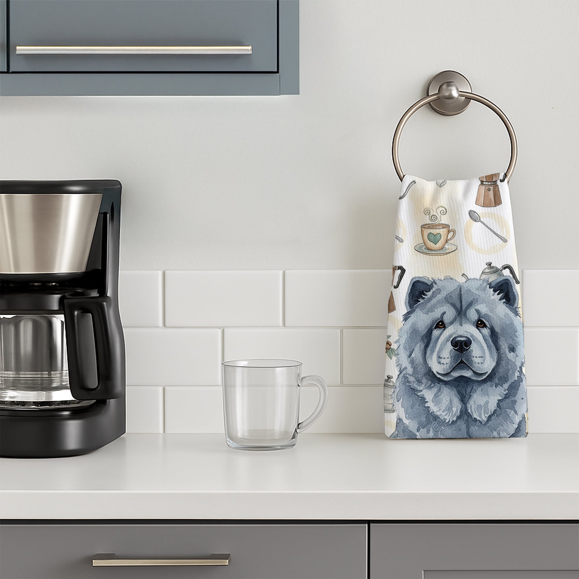 Blue Chow Chow Coffee Bar Kitchen Towel Velour Plush Front and Cotton Loop Back Machine Washable