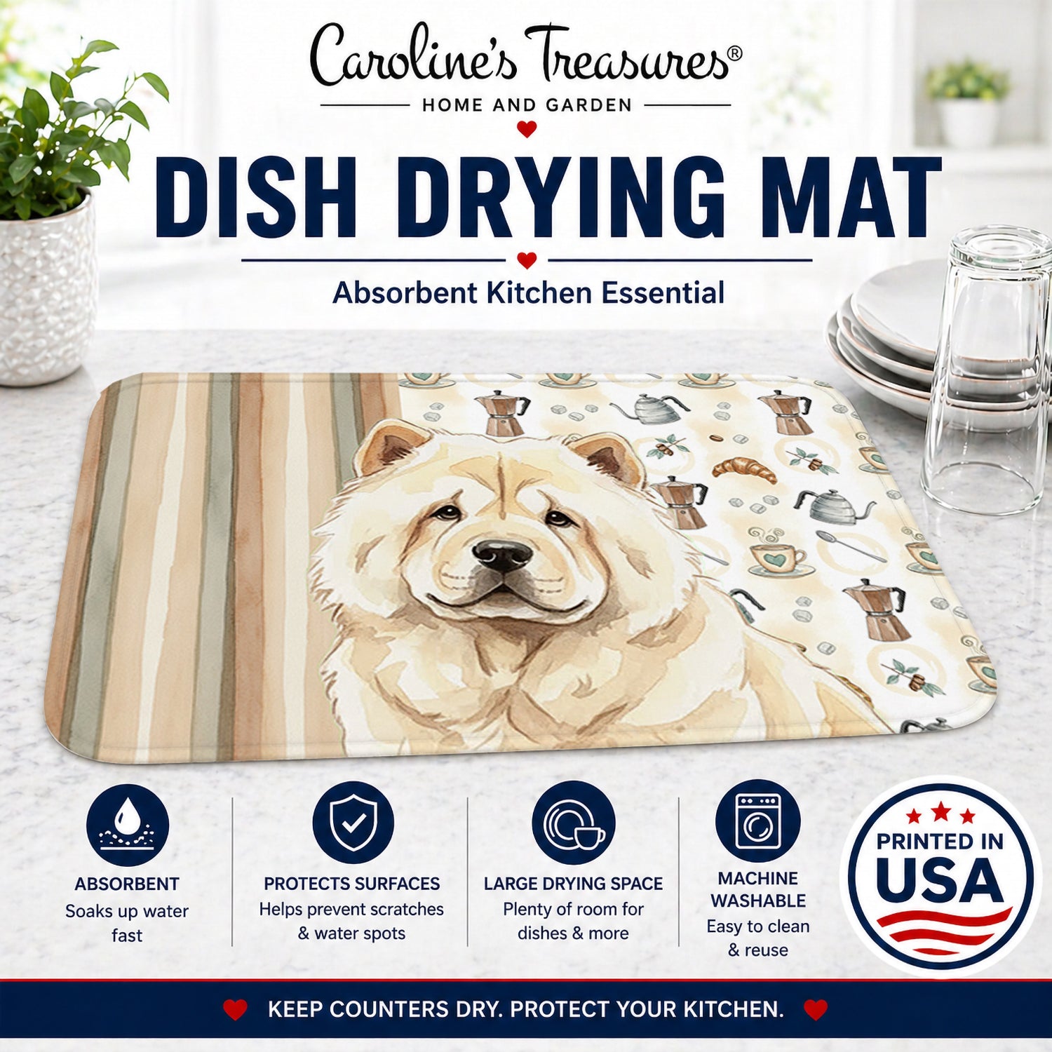 Cream Chow Chow Coffee Bar Dish Drying Mat Absorbent Dish Drying Mat Pad for Kitchen Counter Dish Drainer Mat for Countertop, 14 x 21", Multicolor