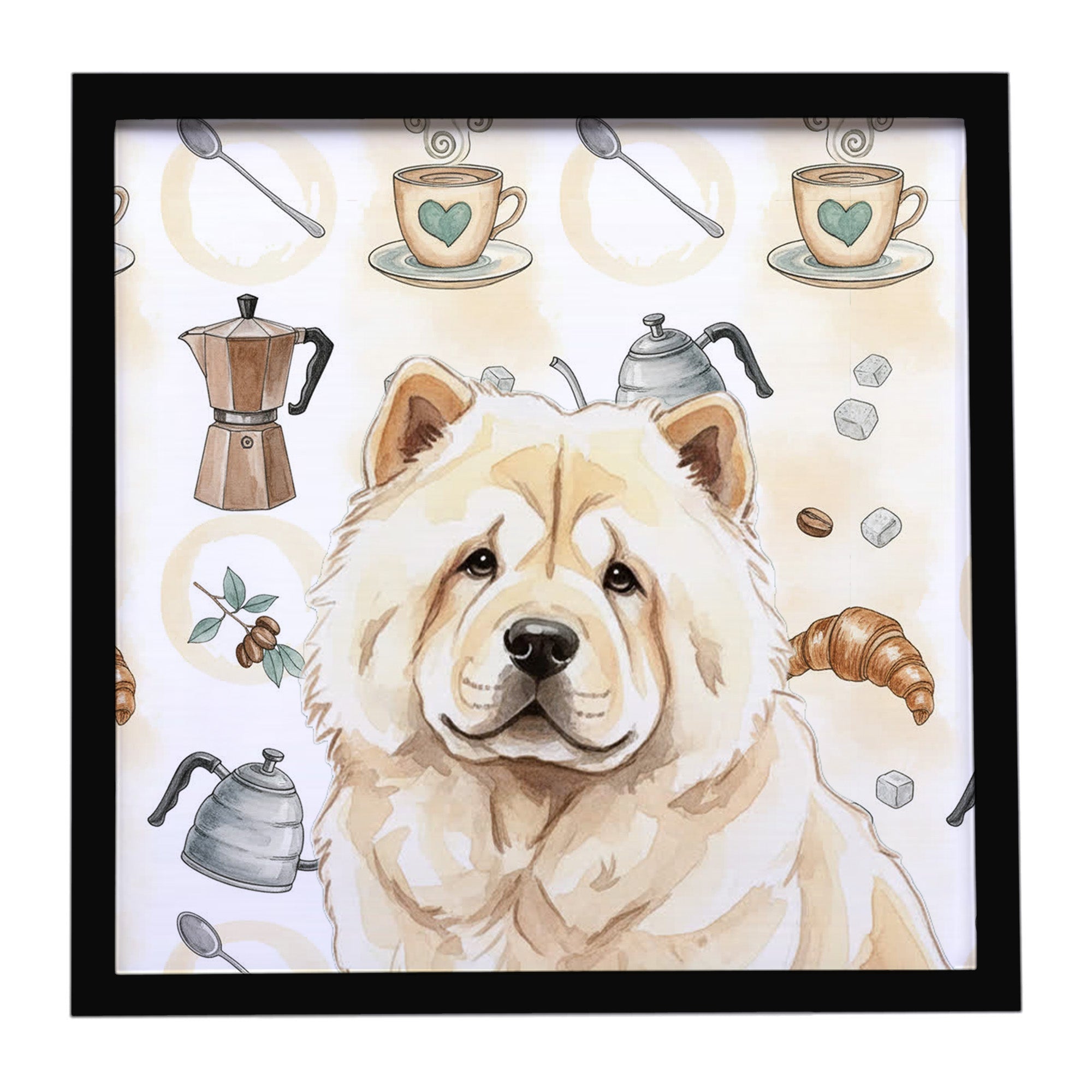 Cream Chow Chow Coffee Bar Framed Metal Print Bathroom, Kitchen, Office, Home Decor Wall Art Ready to Hang, Square, 8X8