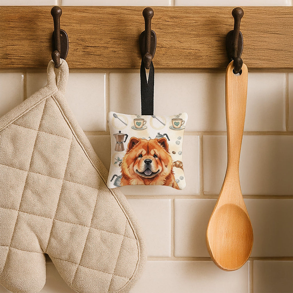 Red Chow Chow Coffee Bar Hanging Square Fabric Ornament 3.5 � 3.5 Decorative Door-Knob & Tree Hanger, Soft Fabric