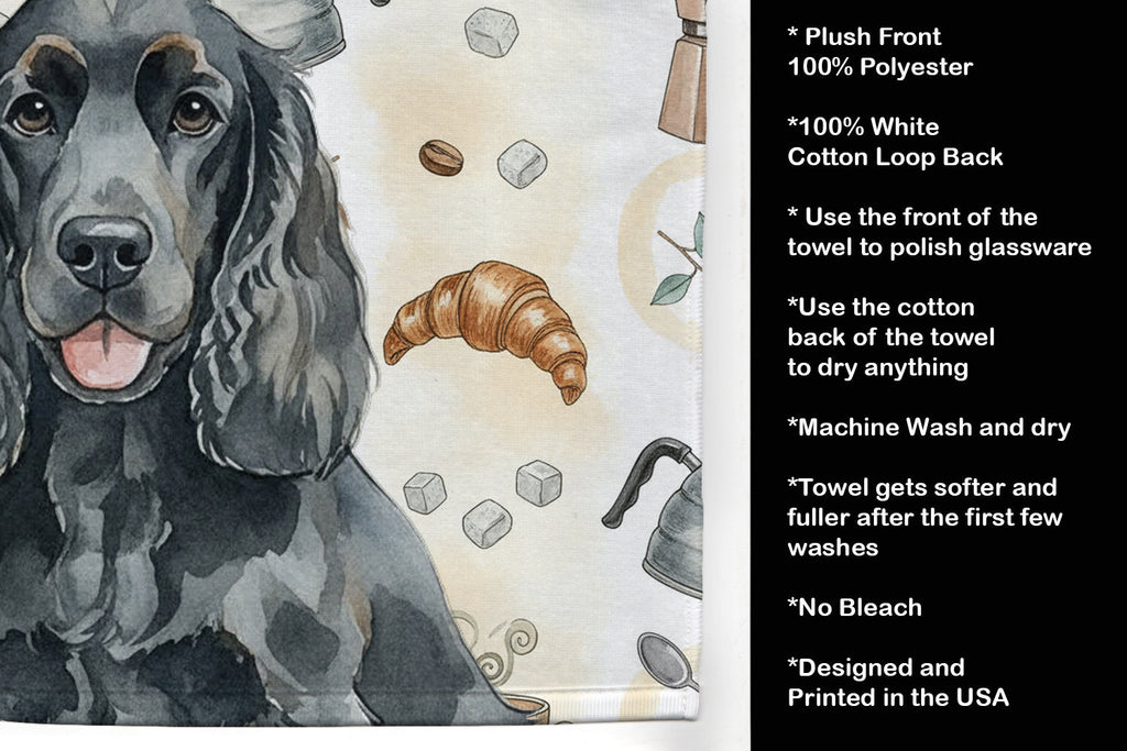 Black Cocker Spaniel Coffee Bar Kitchen Towel Velour Plush Front and Cotton Loop Back Machine Washable