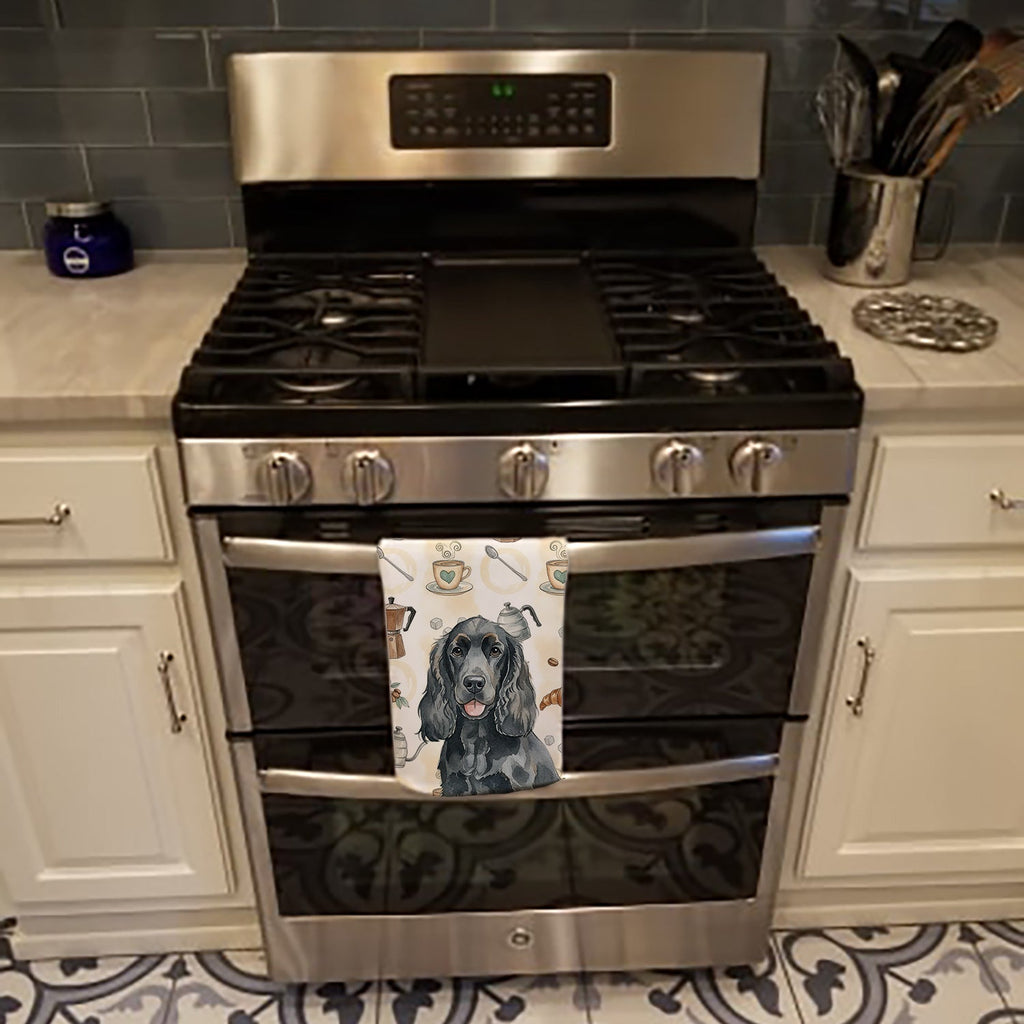 Black Cocker Spaniel Coffee Bar Kitchen Towel Velour Plush Front and Cotton Loop Back Machine Washable