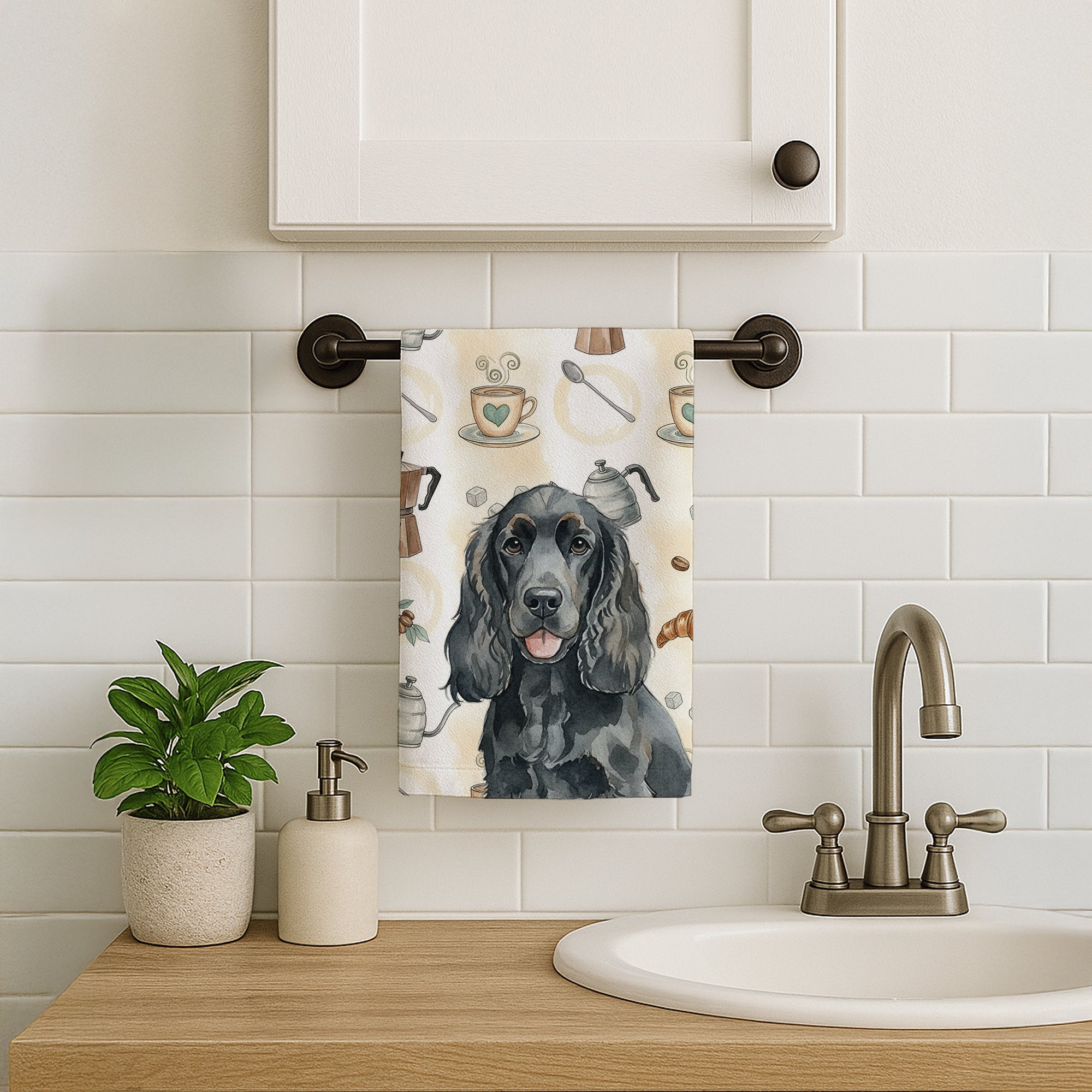 Black Cocker Spaniel Coffee Bar Kitchen Towel Velour Plush Front and Cotton Loop Back Machine Washable