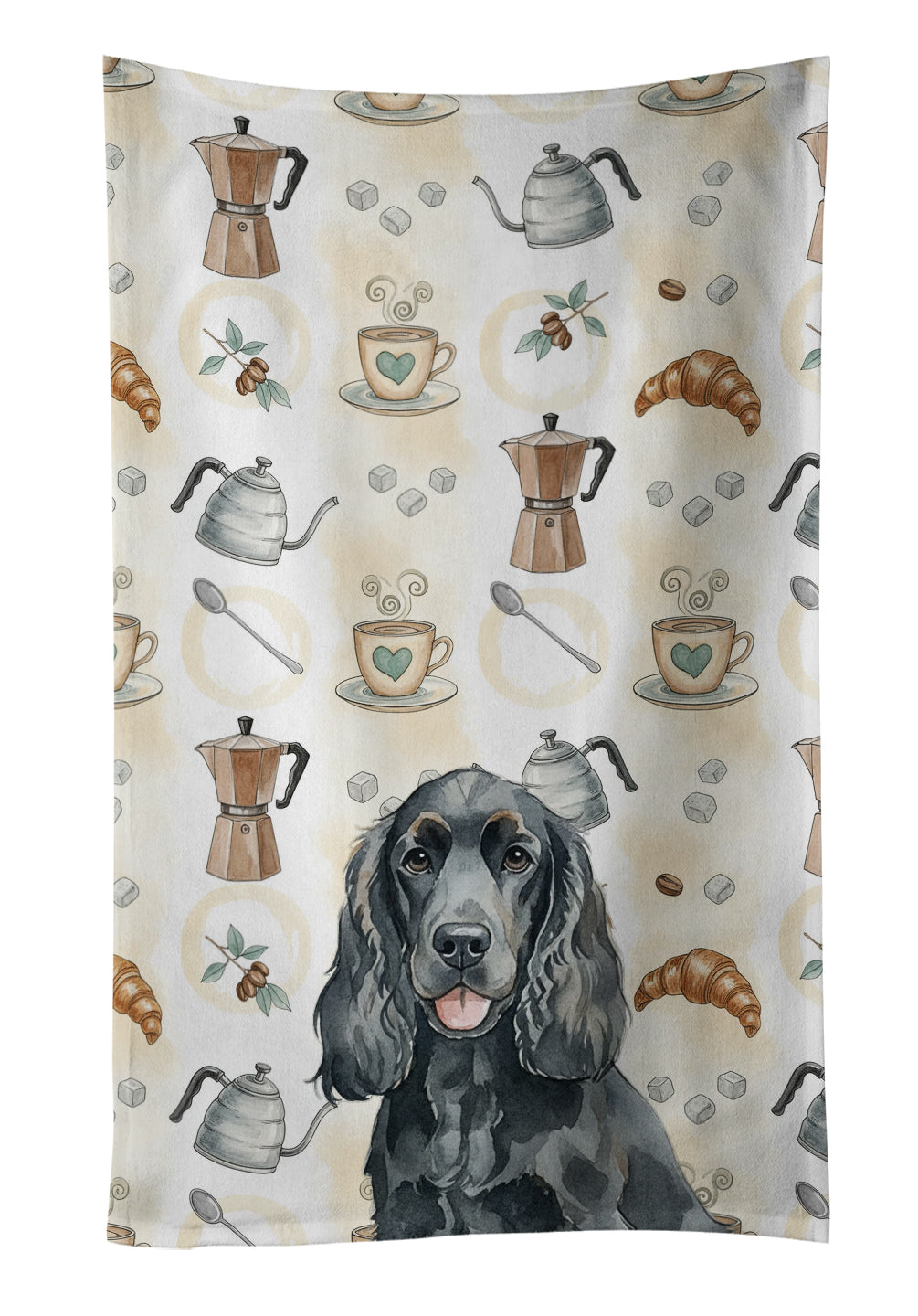 Black Cocker Spaniel Coffee Bar Kitchen Towel Velour Plush Front and Cotton Loop Back Machine Washable