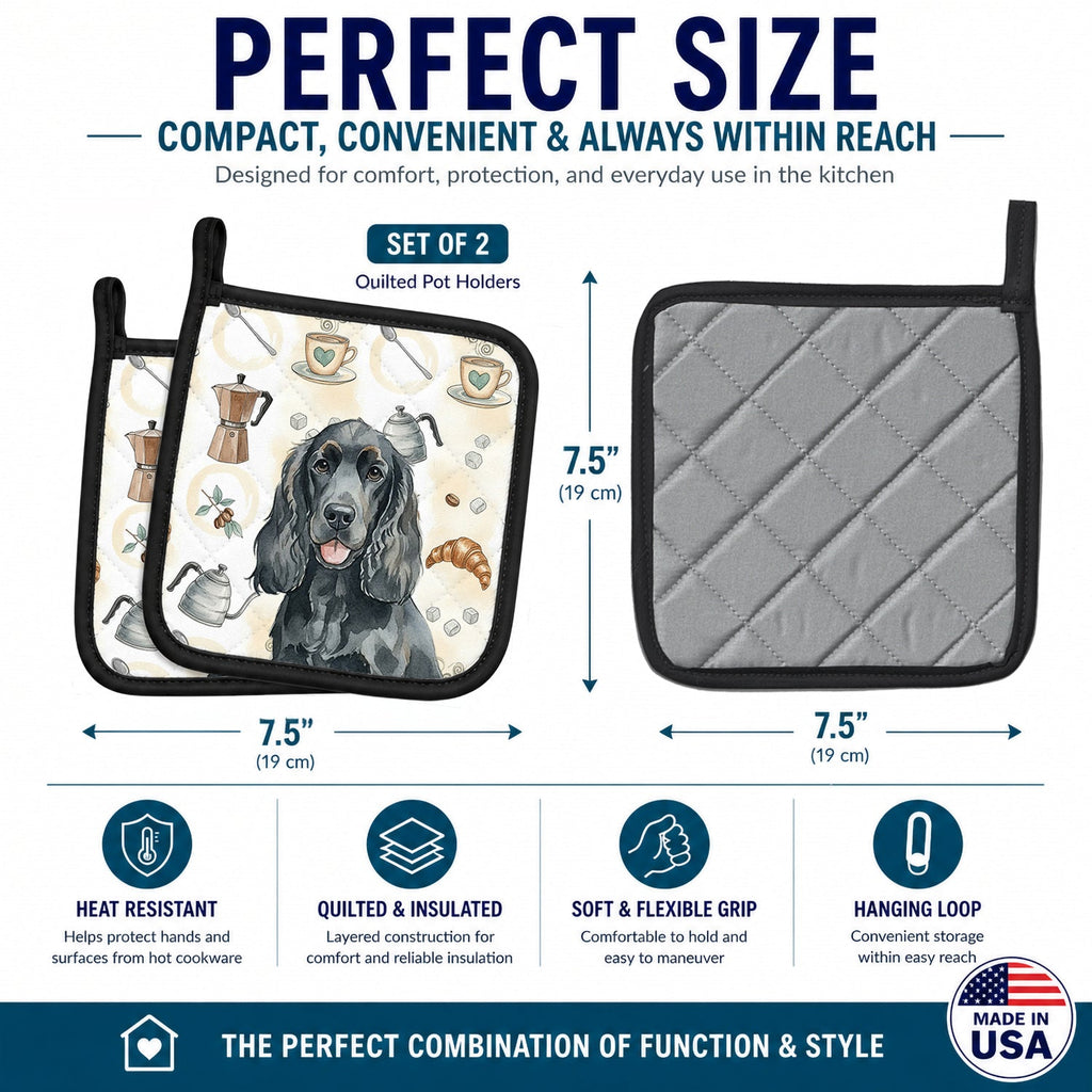 Black Cocker Spaniel Coffee Bar Pot Holder Set of 2 Heat Resistant Quilted Hot Pads 7.5 x 7.5 Inch, Insulated Kitchen Trivets for Cooking & Baking