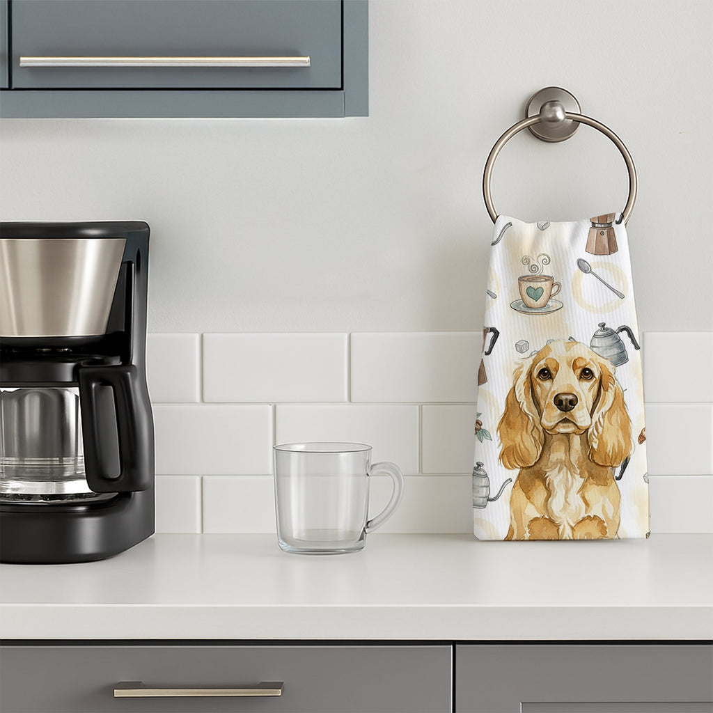 Buff Cocker Spaniel Coffee Bar Kitchen Towel Velour Plush Front and Cotton Loop Back Machine Washable
