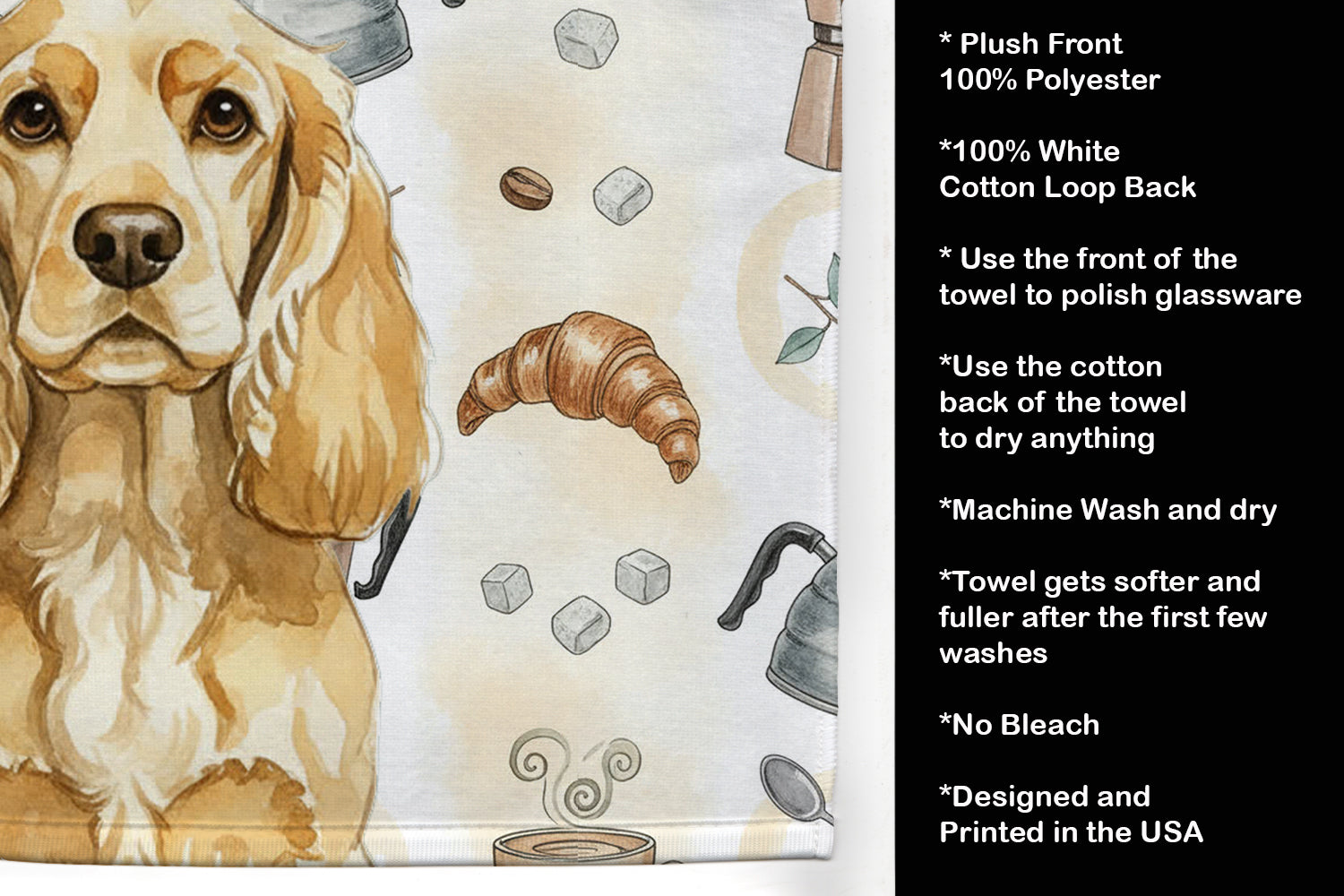 Buff Cocker Spaniel Coffee Bar Kitchen Towel Velour Plush Front and Cotton Loop Back Machine Washable