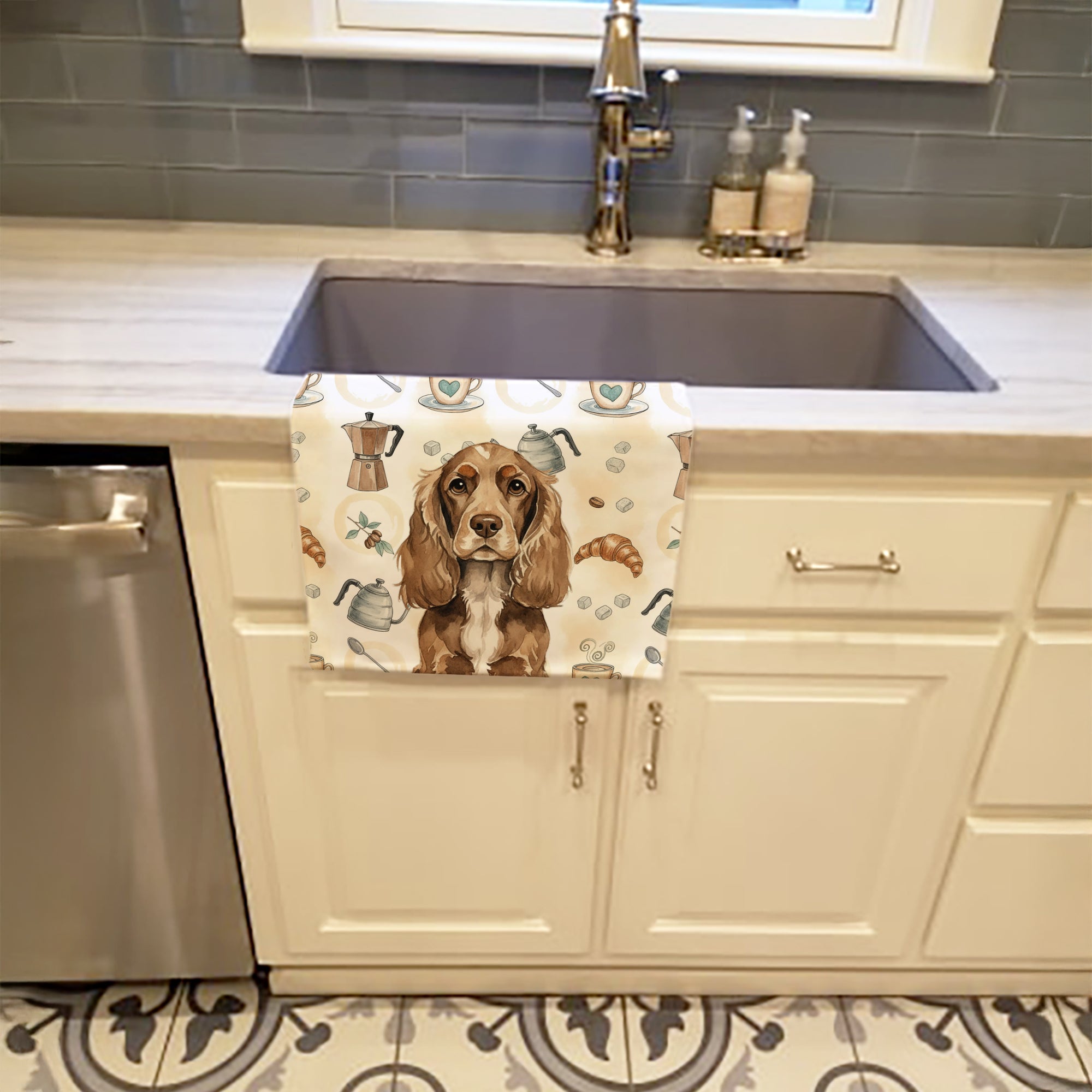 Chocolate Cocker Spaniel Coffee Bar Kitchen Towel Velour Plush Front and Cotton Loop Back Machine Washable