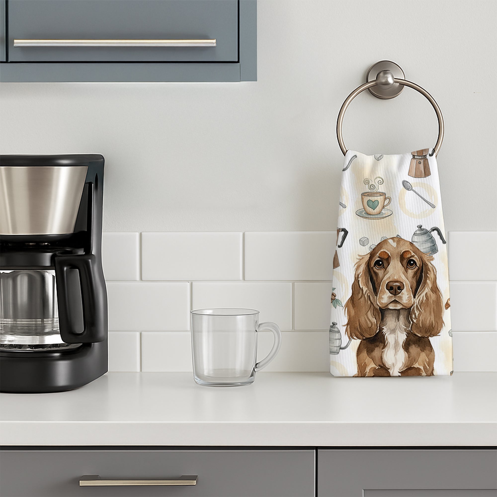 Chocolate Cocker Spaniel Coffee Bar Kitchen Towel Velour Plush Front and Cotton Loop Back Machine Washable