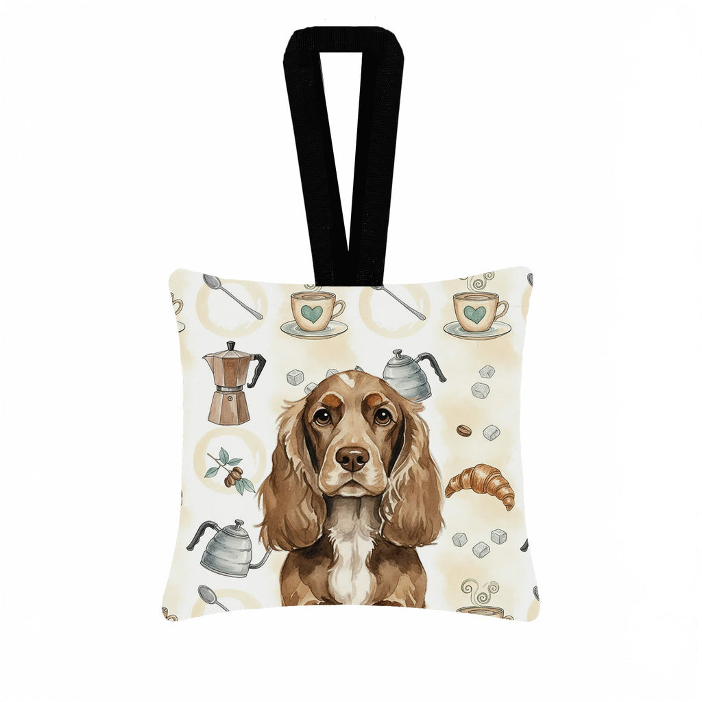 Chocolate Cocker Spaniel Coffee Bar Hanging Square Fabric Ornament 3.5 � 3.5 Decorative Door-Knob & Tree Hanger, Soft Fabric