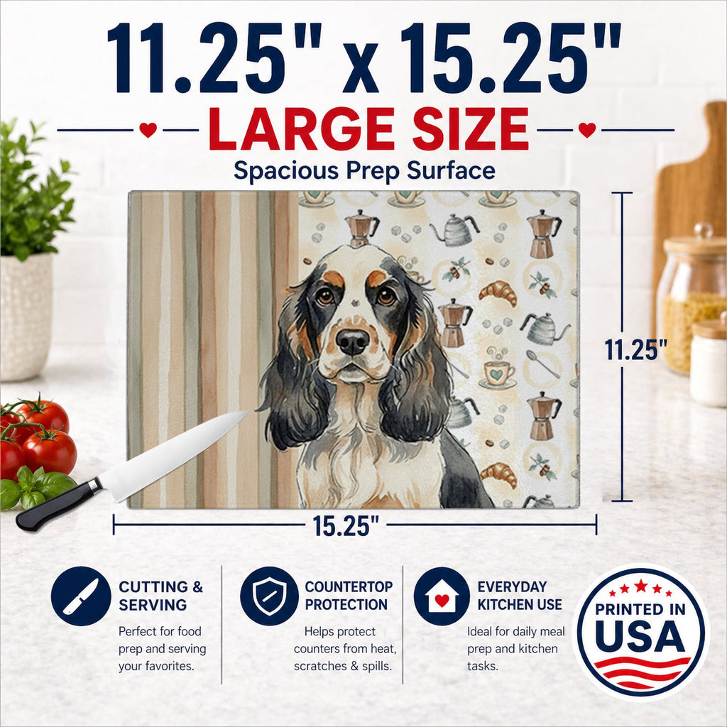 Parti Cocker Spaniel Coffee Bar Cutting Board Tempered Glass Kitchen Cutting Surface, Heat Resistant Chopping, Non-Slip Feet, Food Prep & Serving