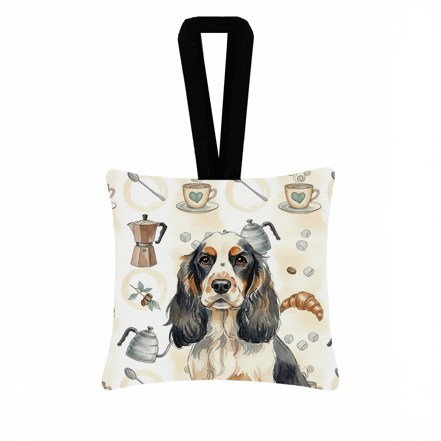 Parti Cocker Spaniel Coffee Bar Hanging Square Fabric Ornament 3.5 � 3.5 Decorative Door-Knob & Tree Hanger, Soft Fabric