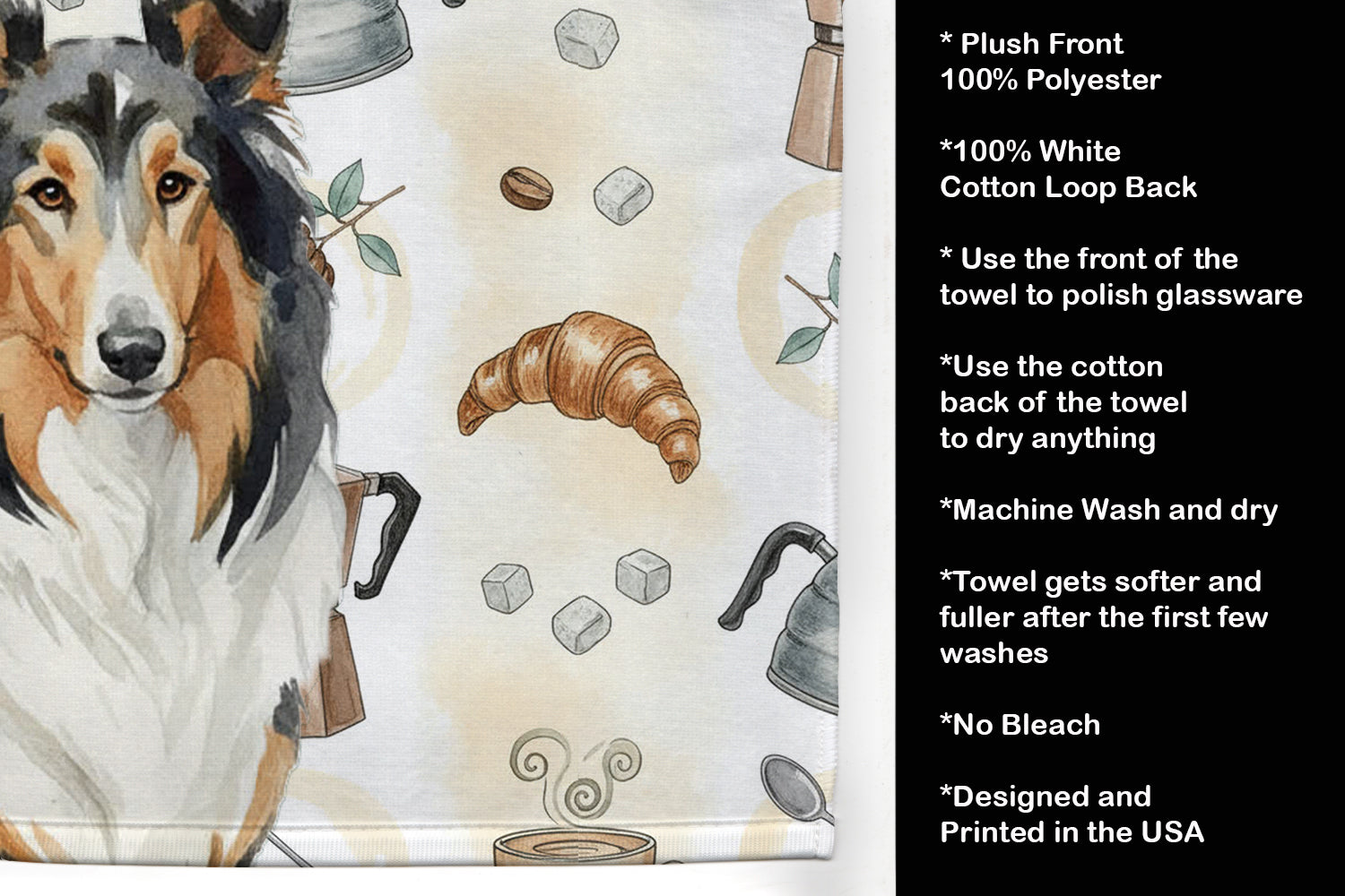 Tricolor Collie Coffee Bar Kitchen Towel Velour Plush Front and Cotton Loop Back Machine Washable