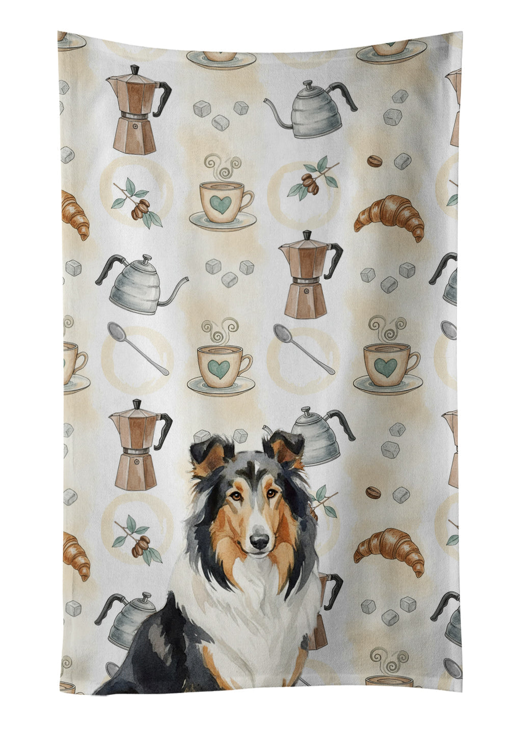 Tricolor Collie Coffee Bar Kitchen Towel Velour Plush Front and Cotton Loop Back Machine Washable