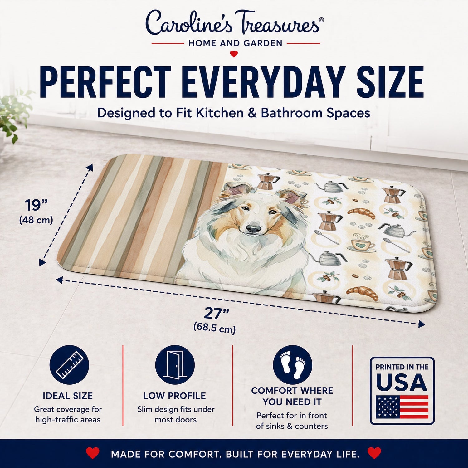 White Collie Coffee Bar Memory Foam Kitchen Mat Machine Washable Anti-Fatigue Cushion Comfort Bath or Kitchen Rug