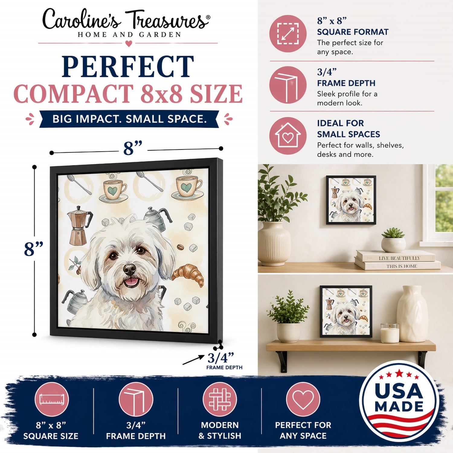 Coton de Tulear Coffee Bar Framed Metal Print Bathroom, Kitchen, Office, Home Decor Wall Art Ready to Hang, Square, 8X8