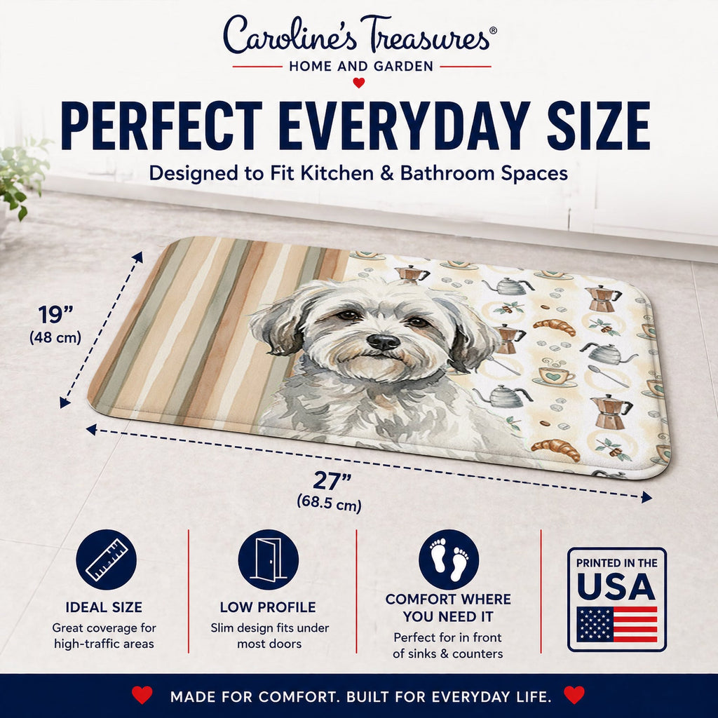 White with Gray Coton de Tulear Coffee Bar Memory Foam Kitchen Mat Machine Washable Anti-Fatigue Cushion Comfort Bath or Kitchen Rug