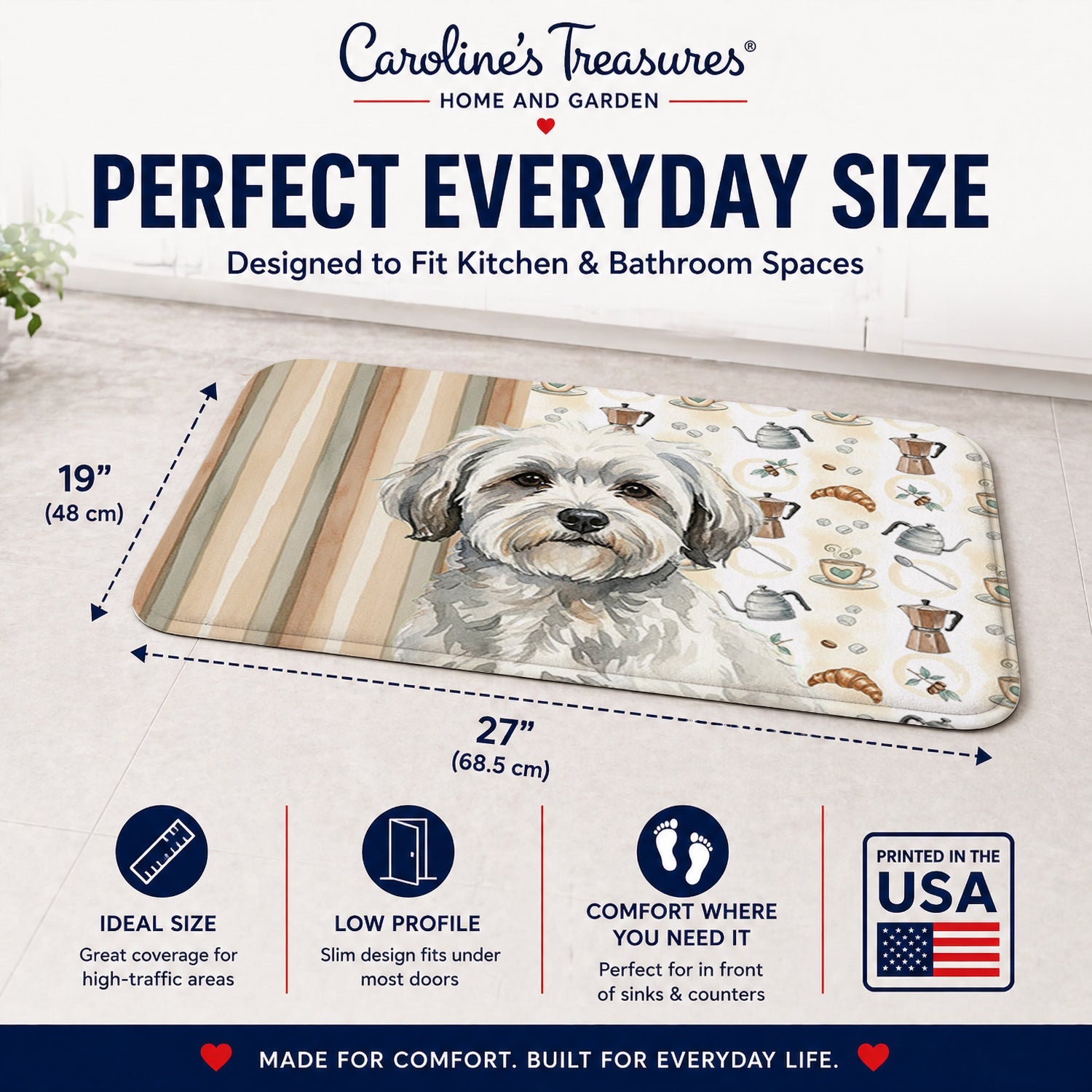 White with Gray Coton de Tulear Coffee Bar Memory Foam Kitchen Mat Machine Washable Anti-Fatigue Cushion Comfort Bath or Kitchen Rug
