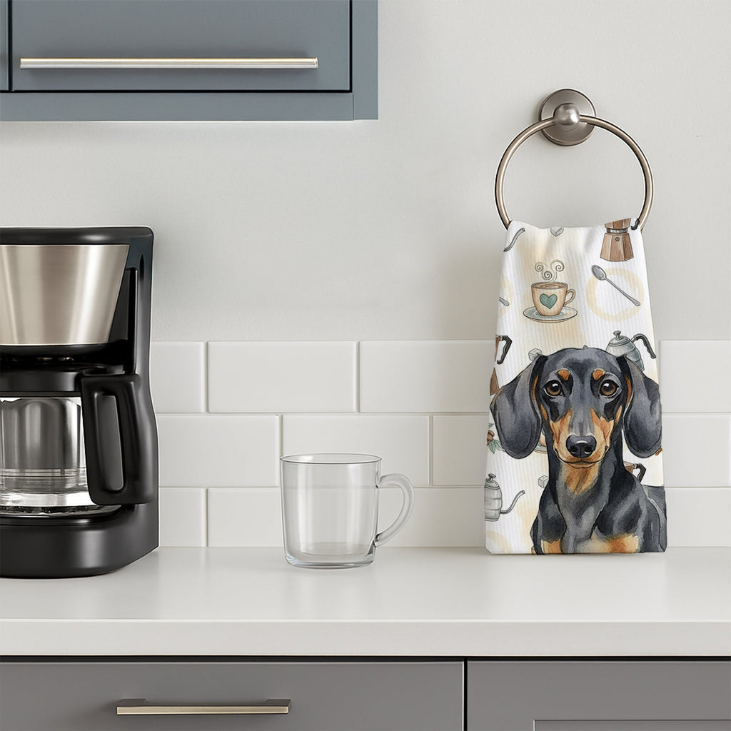 Black and Tan Dachshund Coffee Bar Kitchen Towel Velour Plush Front and Cotton Loop Back Machine Washable