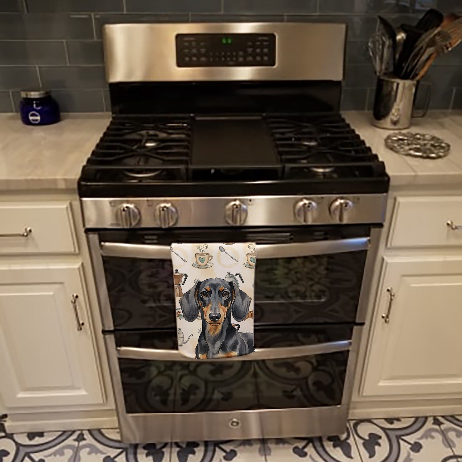 Black and Tan Dachshund Coffee Bar Kitchen Towel Velour Plush Front and Cotton Loop Back Machine Washable