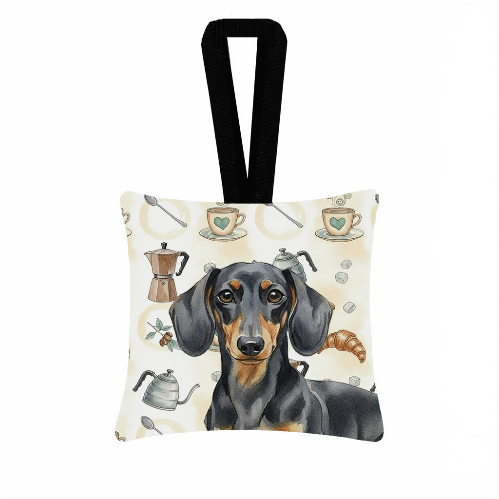 Black and Tan Dachshund Coffee Bar Hanging Square Fabric Ornament 3.5 � 3.5 Decorative Door-Knob & Tree Hanger, Soft Fabric