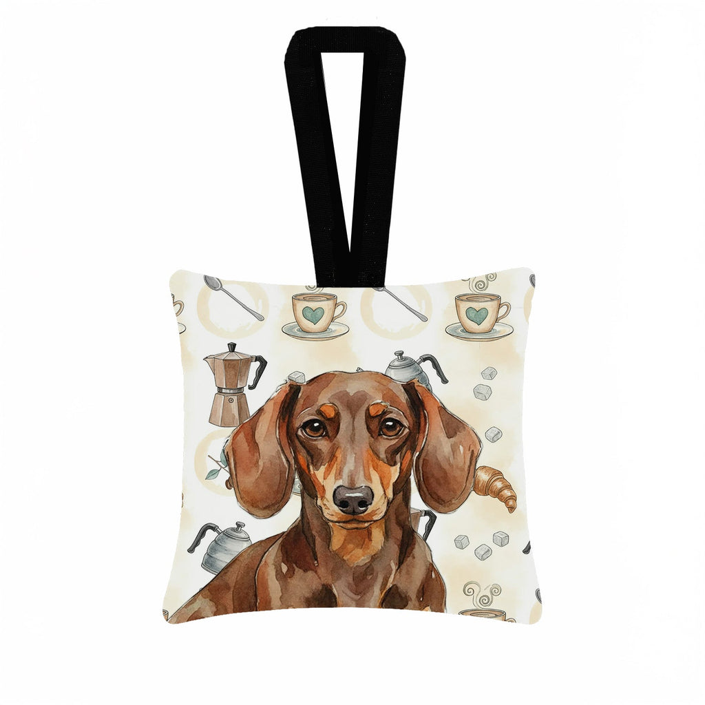 Chocolate and Tan Dachshund Coffee Bar Hanging Square Fabric Ornament 3.5 � 3.5 Decorative Door-Knob & Tree Hanger, Soft Fabric
