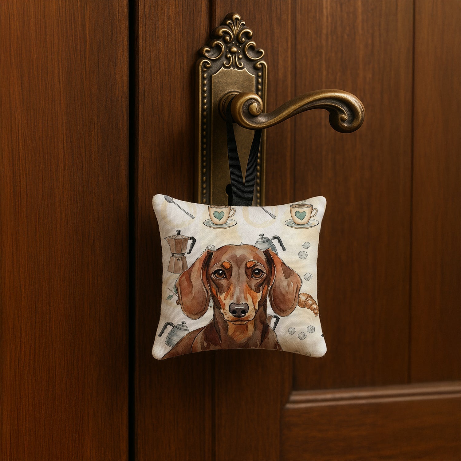 Chocolate and Tan Dachshund Coffee Bar Hanging Square Fabric Ornament 3.5 � 3.5 Decorative Door-Knob & Tree Hanger, Soft Fabric