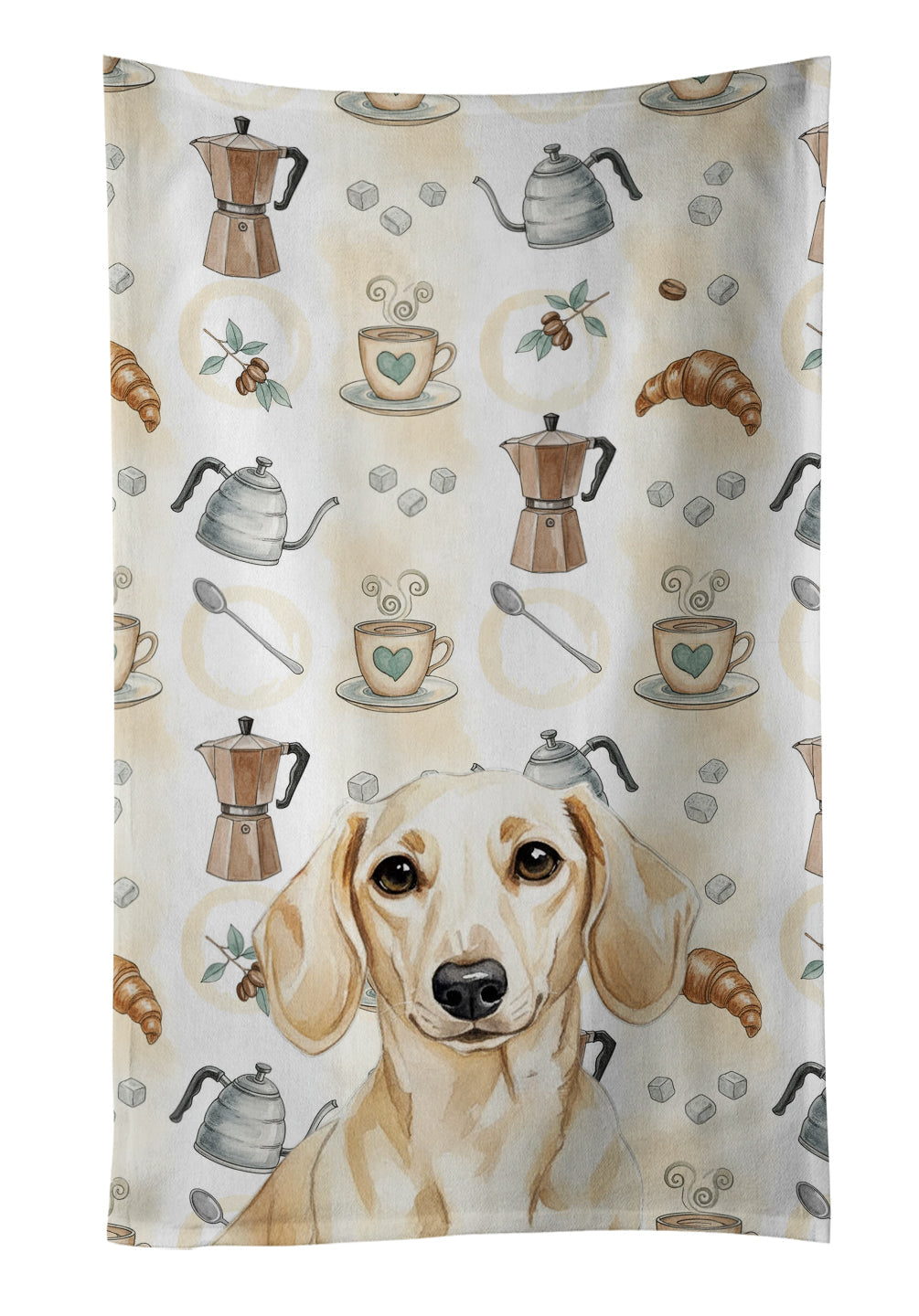 Cream Dachshund Coffee Bar Kitchen Towel Velour Plush Front and Cotton Loop Back Machine Washable