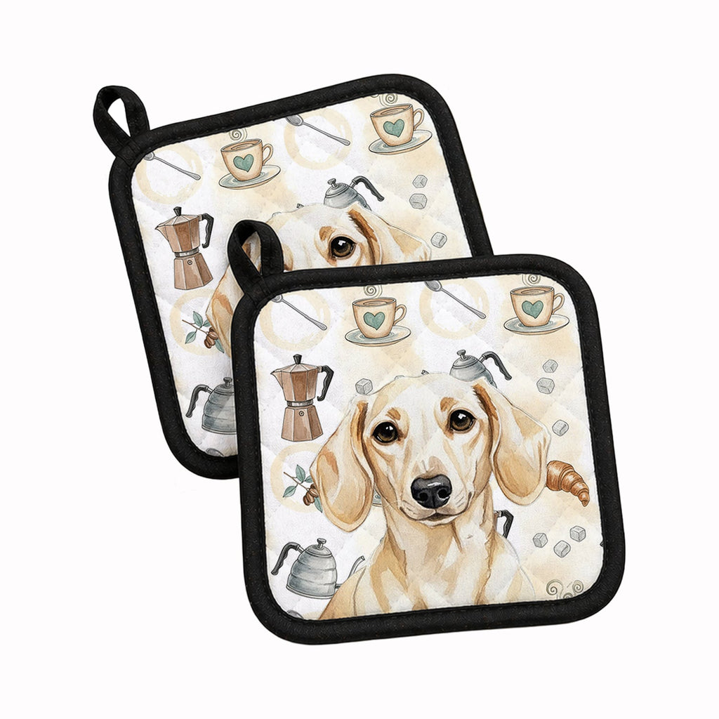 Cream Dachshund Coffee Bar Pot Holder Set of 2 Heat Resistant Quilted Hot Pads 7.5 x 7.5 Inch, Insulated Kitchen Trivets for Cooking & Baking