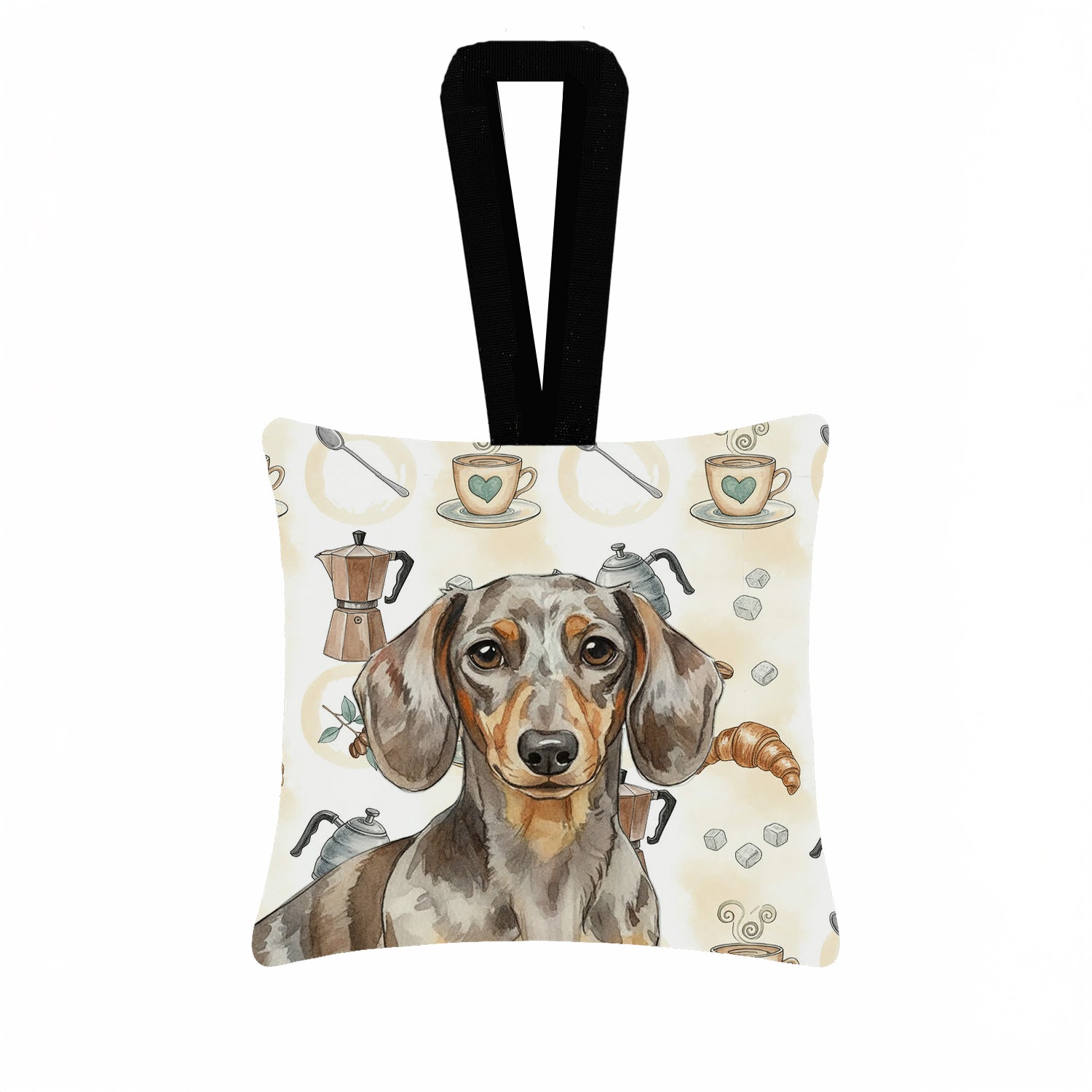 Dapple Dachshund Coffee Bar Hanging Square Fabric Ornament 3.5 � 3.5 Decorative Door-Knob & Tree Hanger, Soft Fabric