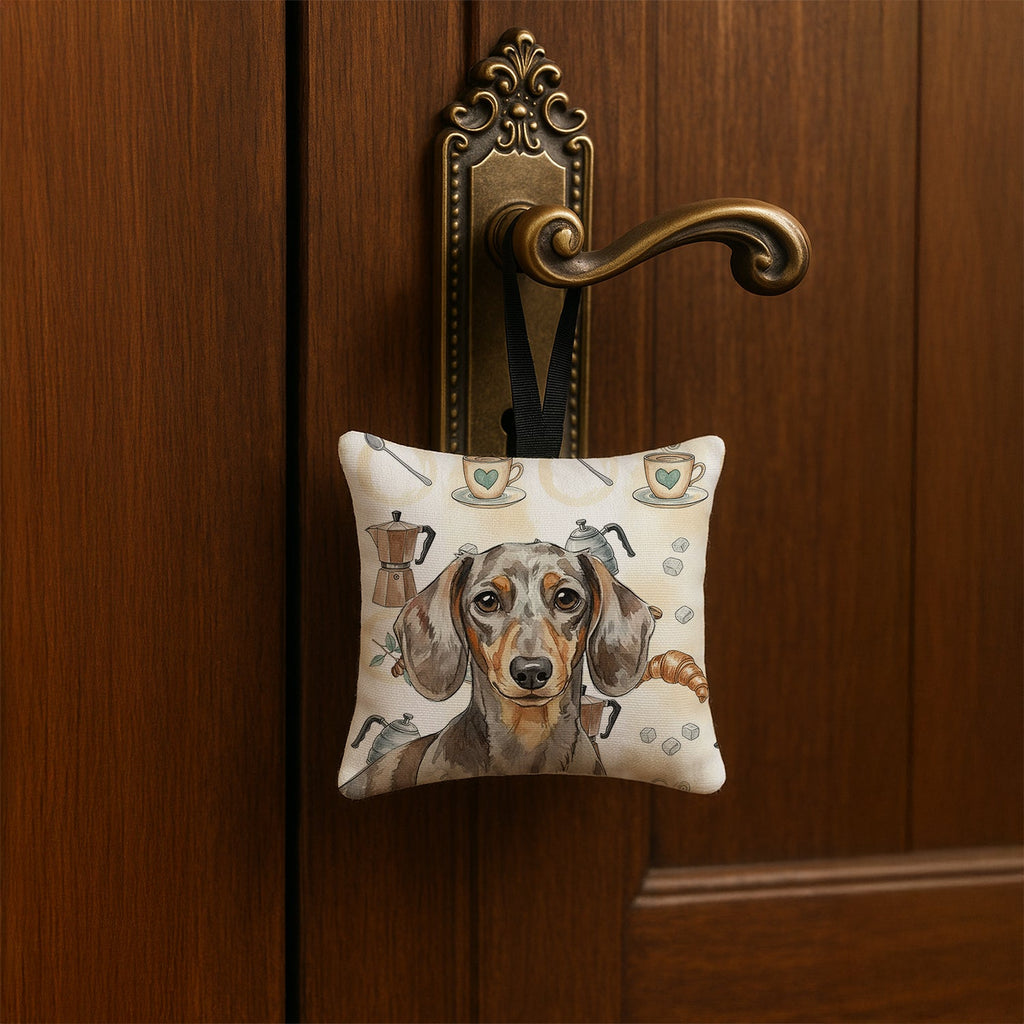 Dapple Dachshund Coffee Bar Hanging Square Fabric Ornament 3.5 � 3.5 Decorative Door-Knob & Tree Hanger, Soft Fabric