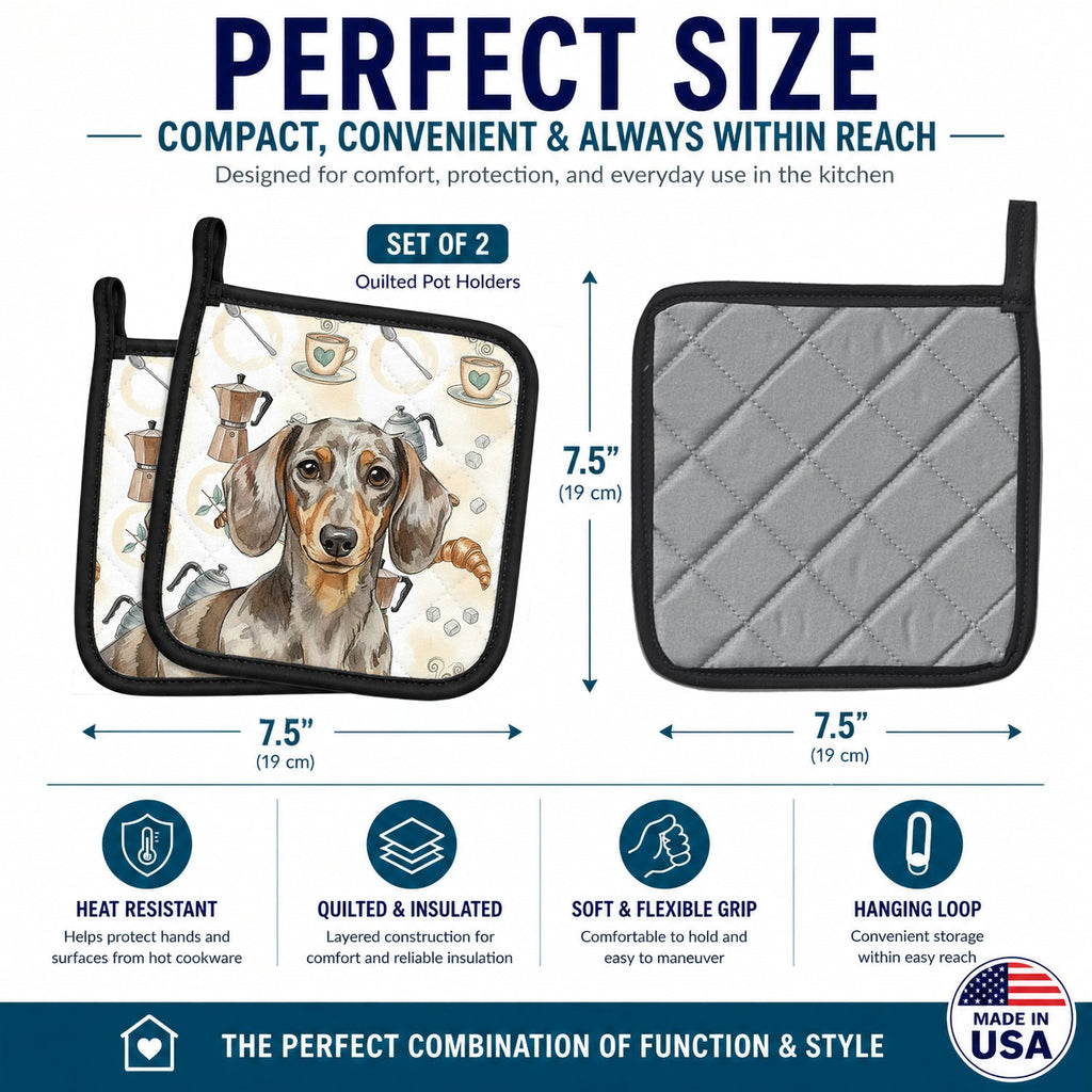 Dapple Dachshund Coffee Bar Pot Holder Set of 2 Heat Resistant Quilted Hot Pads 7.5 x 7.5 Inch, Insulated Kitchen Trivets for Cooking & Baking