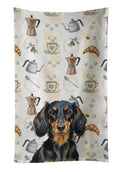 Longhaired Black and Tan Dachshund Coffee Bar Kitchen Towel Velour Plush Front and Cotton Loop Back Machine Washable