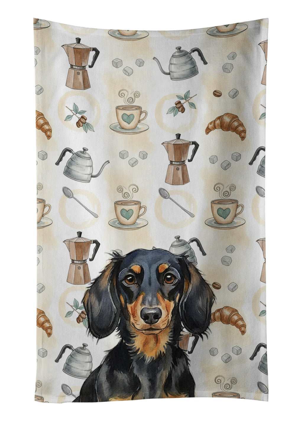 Longhaired Black and Tan Dachshund Coffee Bar Kitchen Towel Velour Plush Front and Cotton Loop Back Machine Washable