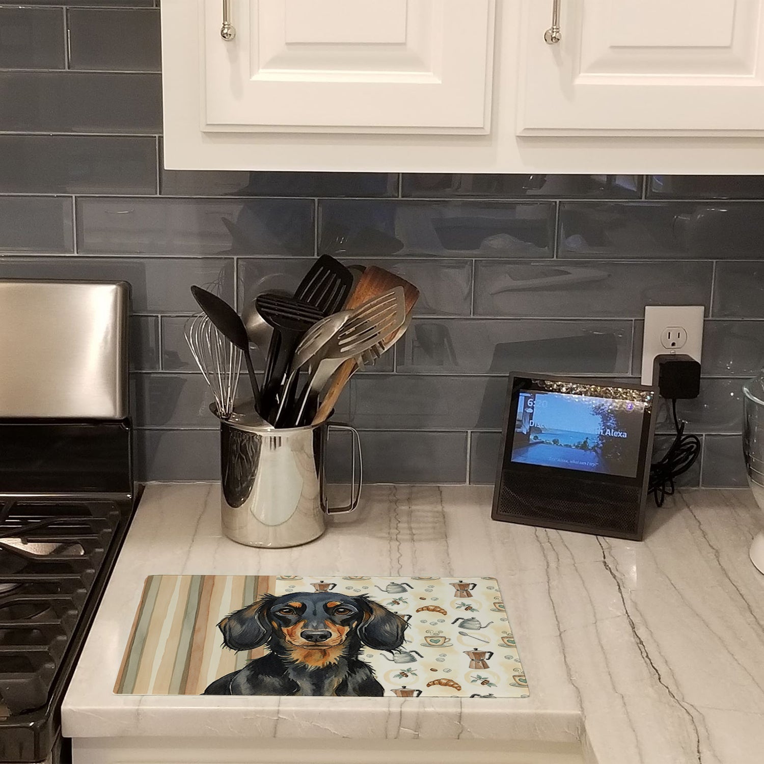 Longhaired Black and Tan Dachshund Coffee Bar Cutting Board Tempered Glass Kitchen Cutting Surface, Heat Resistant Chopping, Non-Slip Feet, Food Prep & Serving