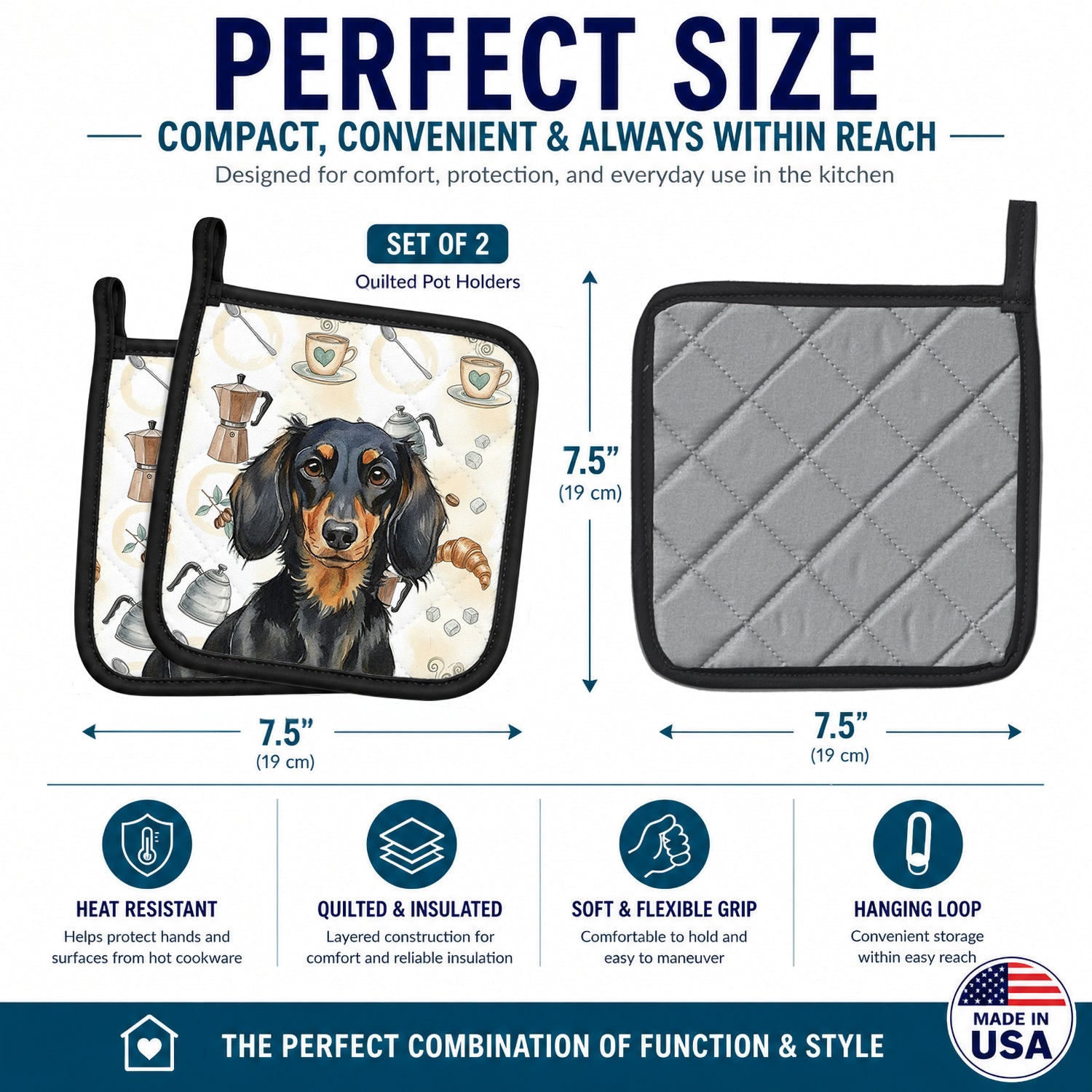 Longhaired Black and Tan Dachshund Coffee Bar Pot Holder Set of 2 Heat Resistant Quilted Hot Pads 7.5 x 7.5 Inch, Insulated Kitchen Trivets for Cooking & Baking
