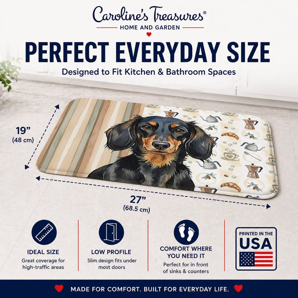 Longhaired Black and Tan Dachshund Coffee Bar Memory Foam Kitchen Mat Machine Washable Anti-Fatigue Cushion Comfort Bath or Kitchen Rug
