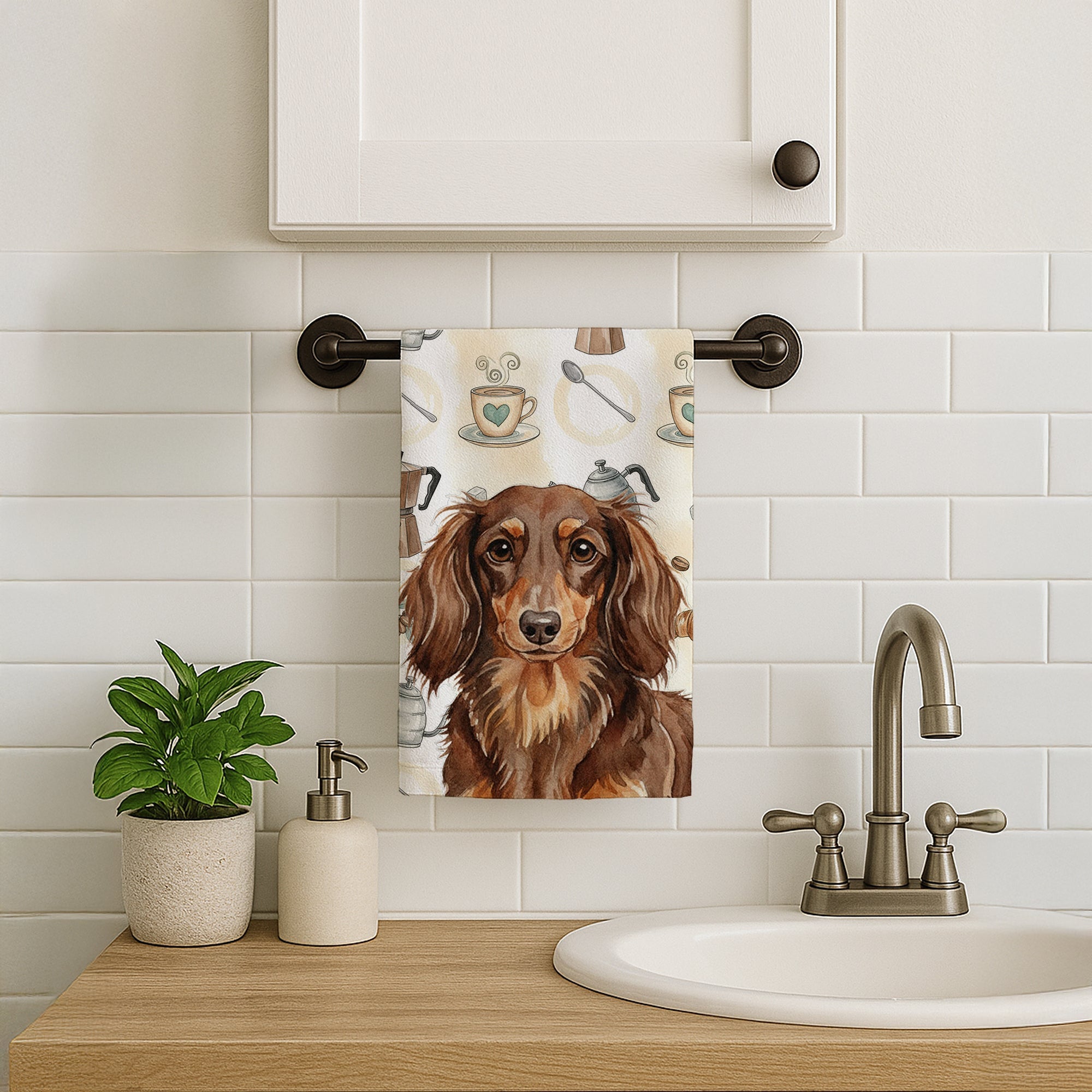 Longhaired Chocolate and Tan Dachshund Coffee Bar Kitchen Towel Velour Plush Front and Cotton Loop Back Machine Washable