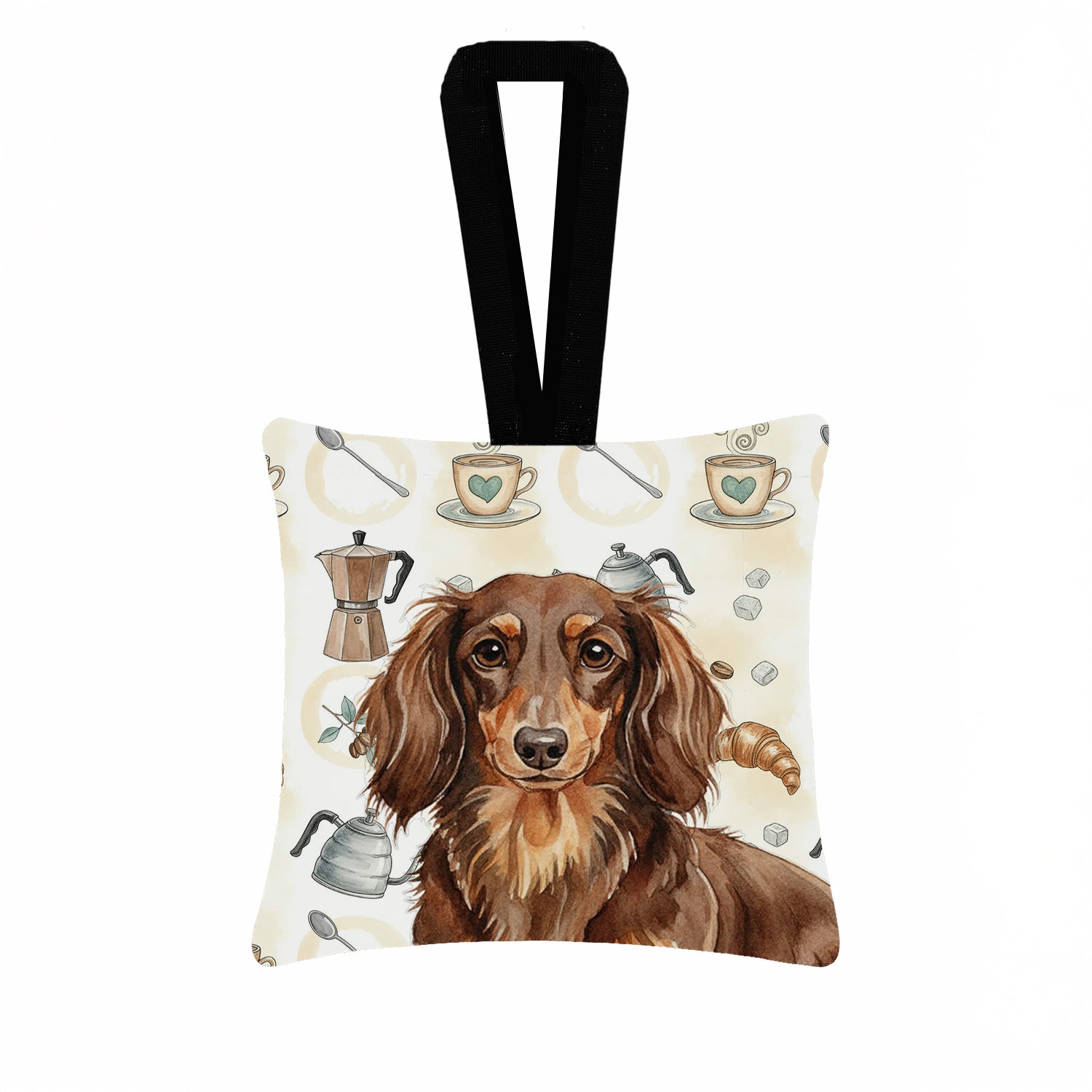 Longhaired Chocolate and Tan Dachshund Coffee Bar Hanging Square Fabric Ornament 3.5 � 3.5 Decorative Door-Knob & Tree Hanger, Soft Fabric