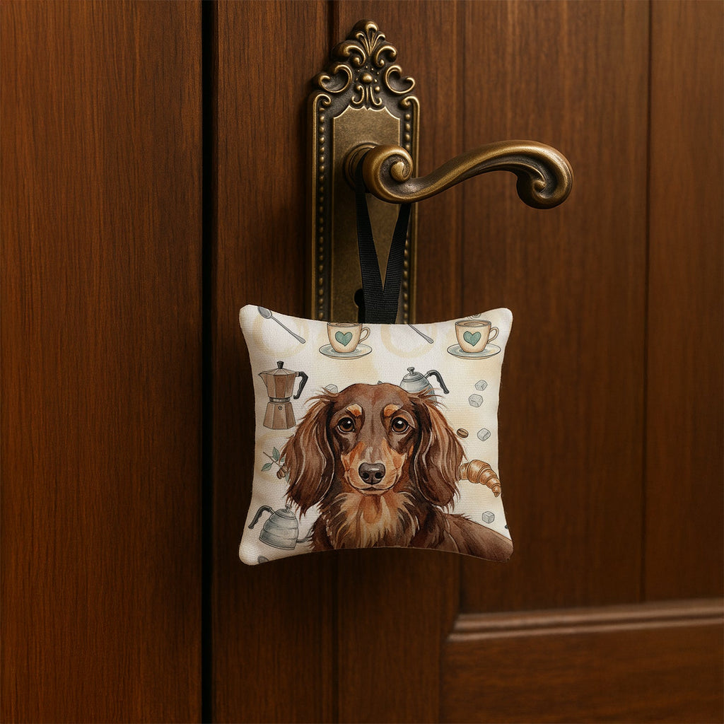 Longhaired Chocolate and Tan Dachshund Coffee Bar Hanging Square Fabric Ornament 3.5 � 3.5 Decorative Door-Knob & Tree Hanger, Soft Fabric