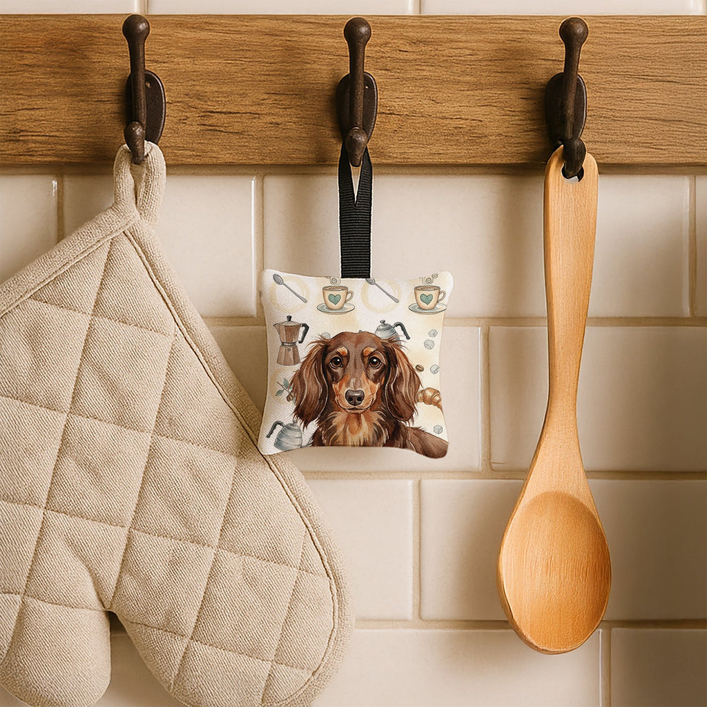Longhaired Chocolate and Tan Dachshund Coffee Bar Hanging Square Fabric Ornament 3.5 � 3.5 Decorative Door-Knob & Tree Hanger, Soft Fabric