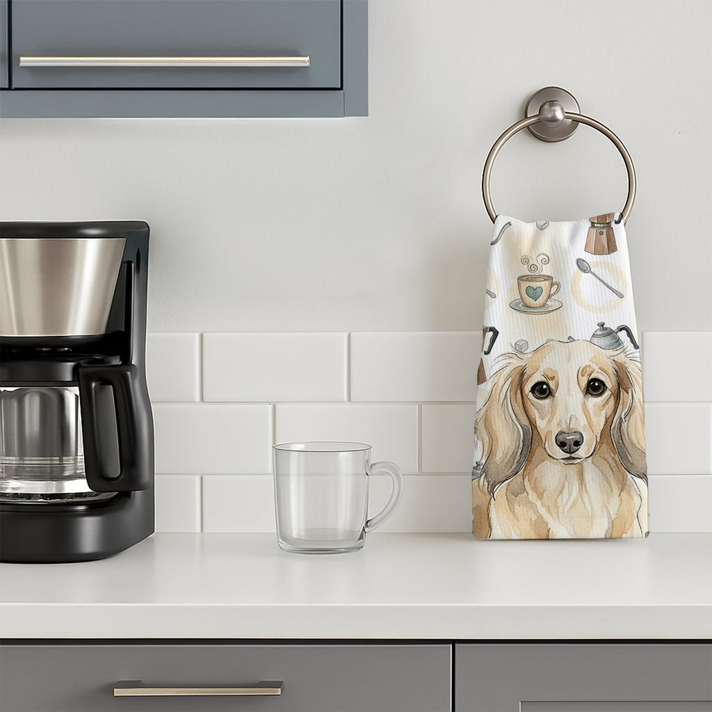 Longhaired Cream Dachshund Coffee Bar Kitchen Towel Velour Plush Front and Cotton Loop Back Machine Washable