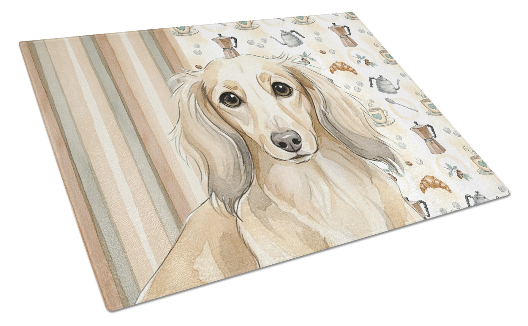 Longhaired Cream Dachshund Coffee Bar Cutting Board Tempered Glass Kitchen Cutting Surface, Heat Resistant Chopping, Non-Slip Feet, Food Prep & Serving