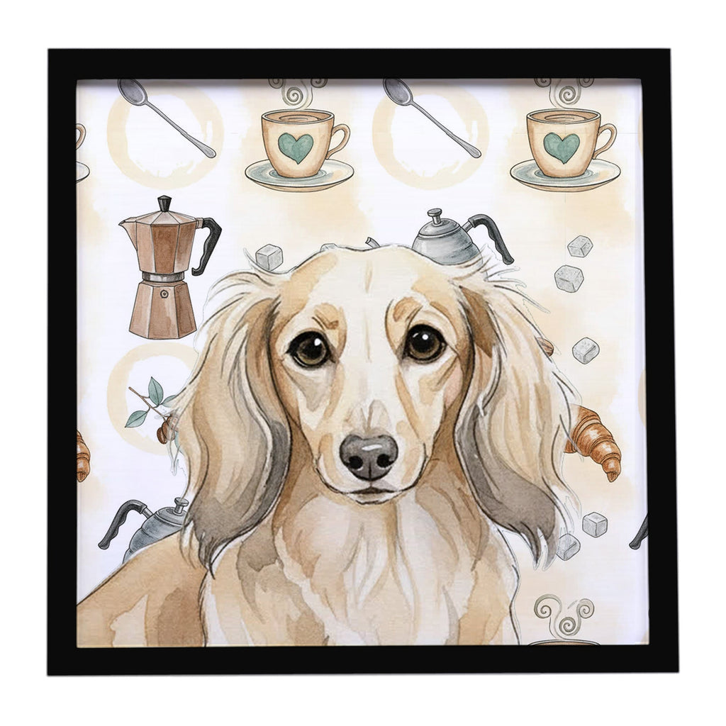 Longhaired Cream Dachshund Coffee Bar Framed Metal Print Bathroom, Kitchen, Office, Home Decor Wall Art Ready to Hang, Square, 8X8