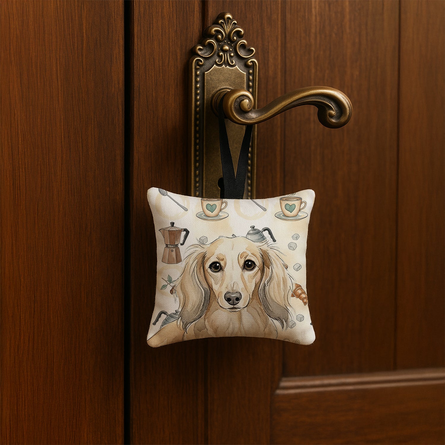 Longhaired Cream Dachshund Coffee Bar Hanging Square Fabric Ornament 3.5 � 3.5 Decorative Door-Knob & Tree Hanger, Soft Fabric
