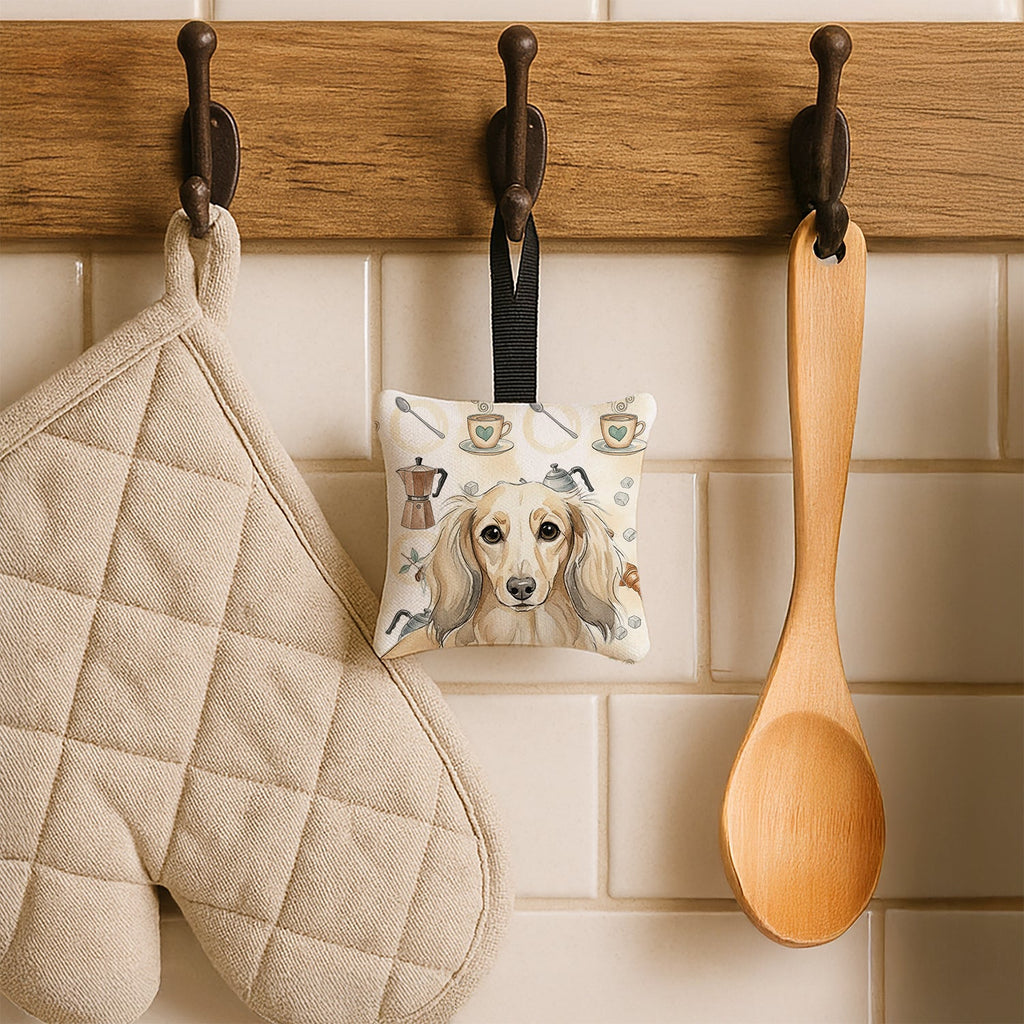 Longhaired Cream Dachshund Coffee Bar Hanging Square Fabric Ornament 3.5 � 3.5 Decorative Door-Knob & Tree Hanger, Soft Fabric