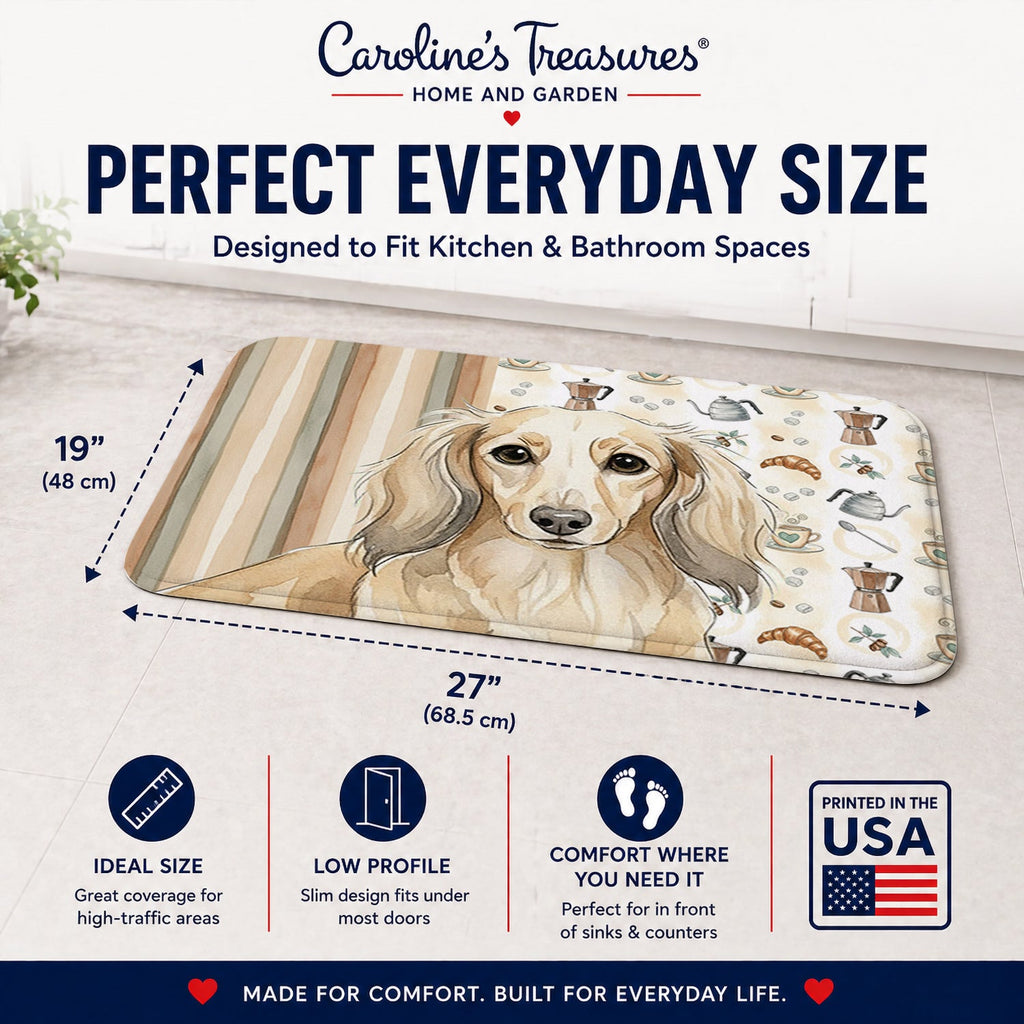Longhaired Cream Dachshund Coffee Bar Memory Foam Kitchen Mat Machine Washable Anti-Fatigue Cushion Comfort Bath or Kitchen Rug