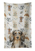 Longhaired Dapple Dachshund Coffee Bar Kitchen Towel Velour Plush Front and Cotton Loop Back Machine Washable