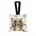 Longhaired Dapple Dachshund Coffee Bar Hanging Square Fabric Ornament 3.5 � 3.5 Decorative Door-Knob & Tree Hanger, Soft Fabric